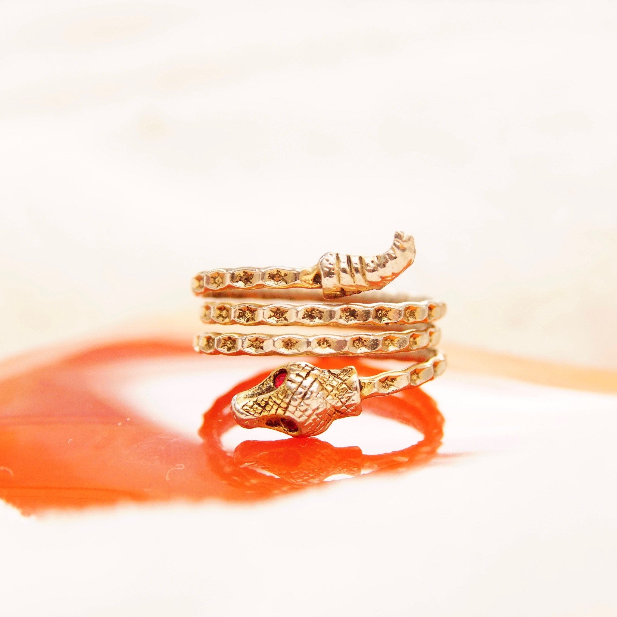 Vintage Two-Tone Sterling Silver Snake Coil Ring, Diamond-Cut, Gold Accents, Red Jeweled Eyes, Bohemian Ring, Adjustable, Size 5-10 US
