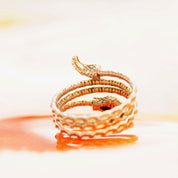Vintage Two-Tone Sterling Silver Snake Coil Ring, Diamond-Cut, Gold Accents, Red Jeweled Eyes, Bohemian Ring, Adjustable, Size 5-10 US