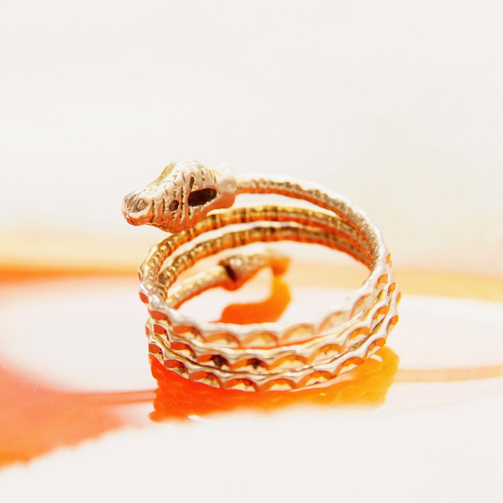Vintage Two-Tone Sterling Silver Snake Coil Ring, Diamond-Cut, Gold Accents, Red Jeweled Eyes, Bohemian Ring, Adjustable, Size 5-10 US