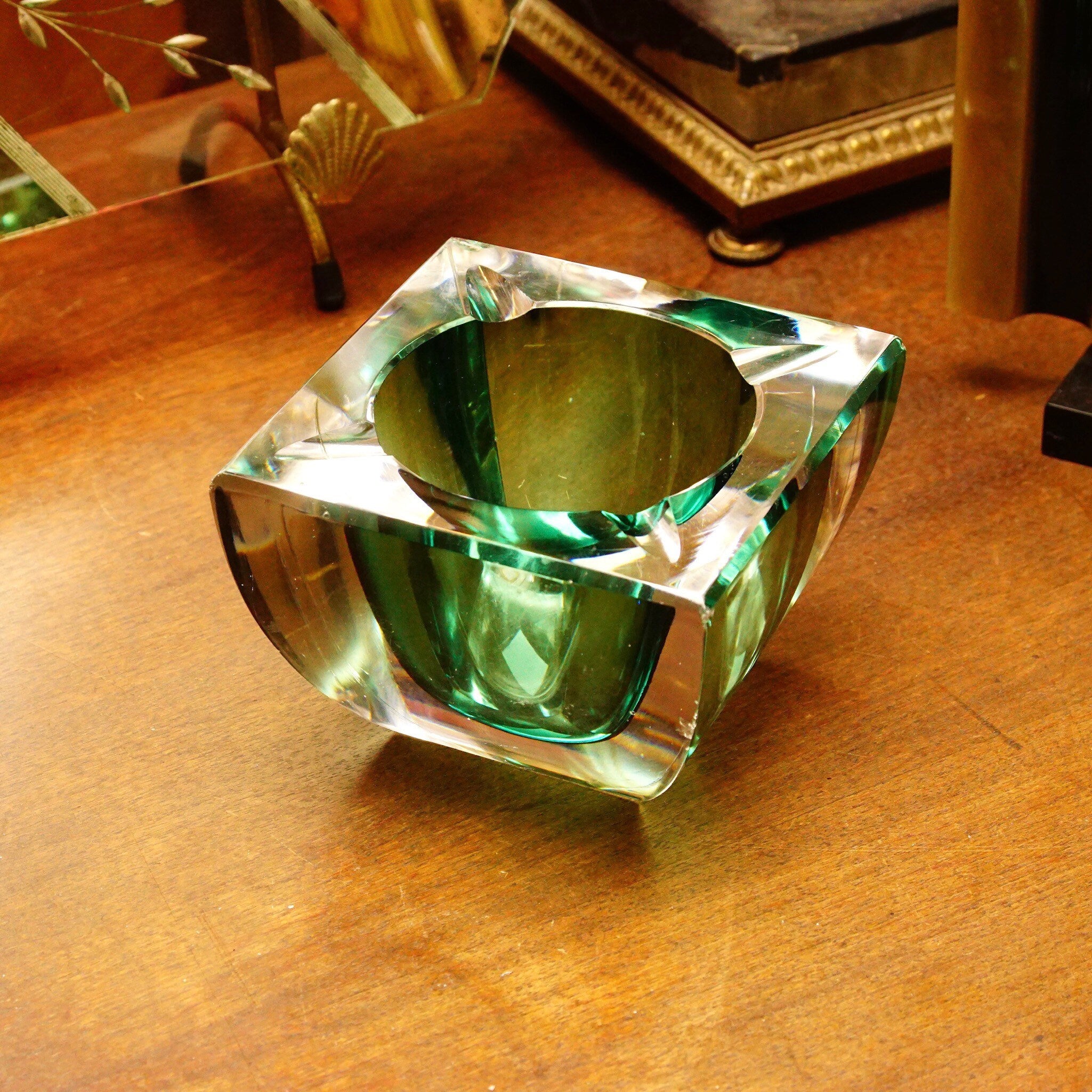 Vintage Mid Century Modern Green & Clear Glass Ashtray, Thick Square Top Art Glass Ashtray, Modern Home Decor,