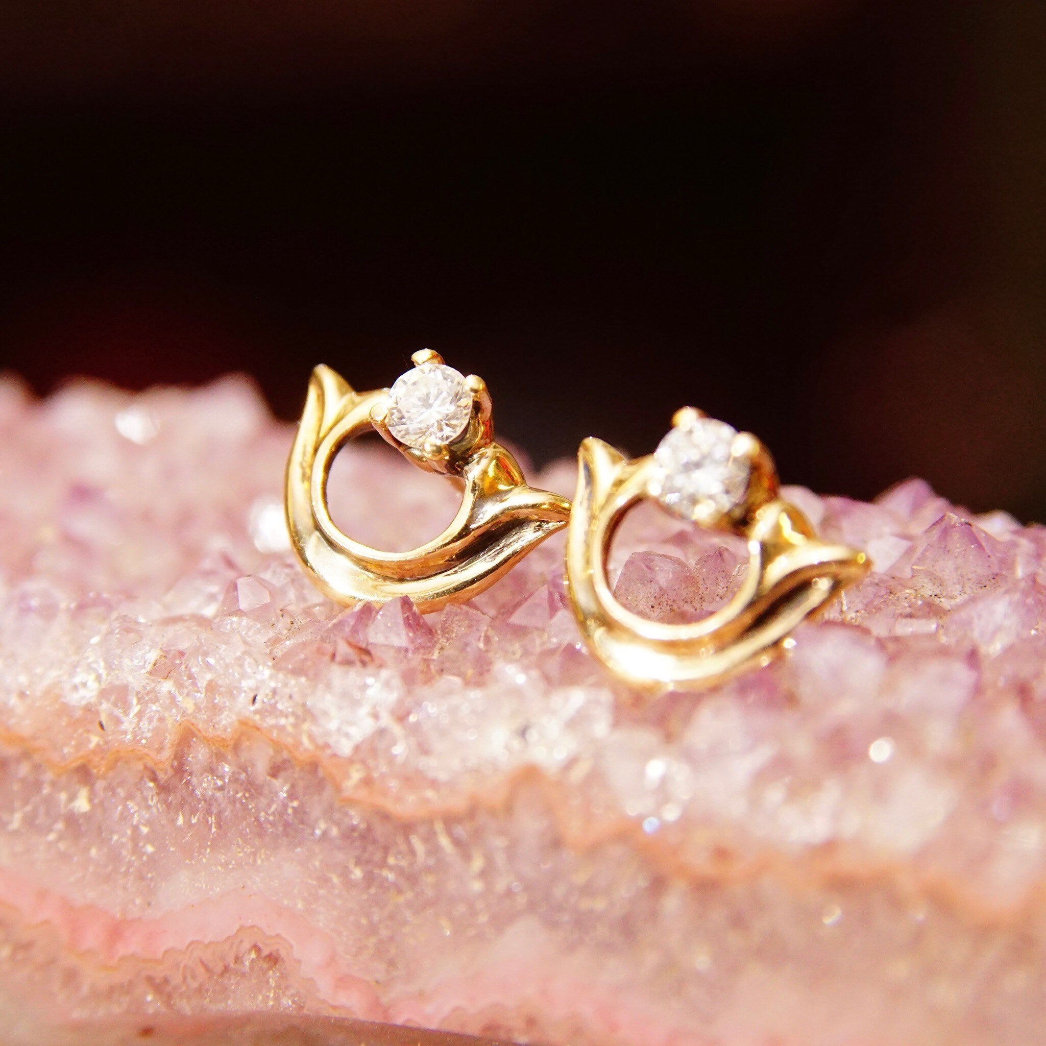 Vintage Embellished 14K Gold Brilliant Diamond Stud Earrings, .17CT Prong-Set Diamond, Yellow Gold Half-Circle Accent, Elegant 585 Studs