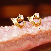 Vintage Embellished 14K Gold Brilliant Diamond Stud Earrings, .17CT Prong-Set Diamond, Yellow Gold Half-Circle Accent, Elegant 585 Studs
