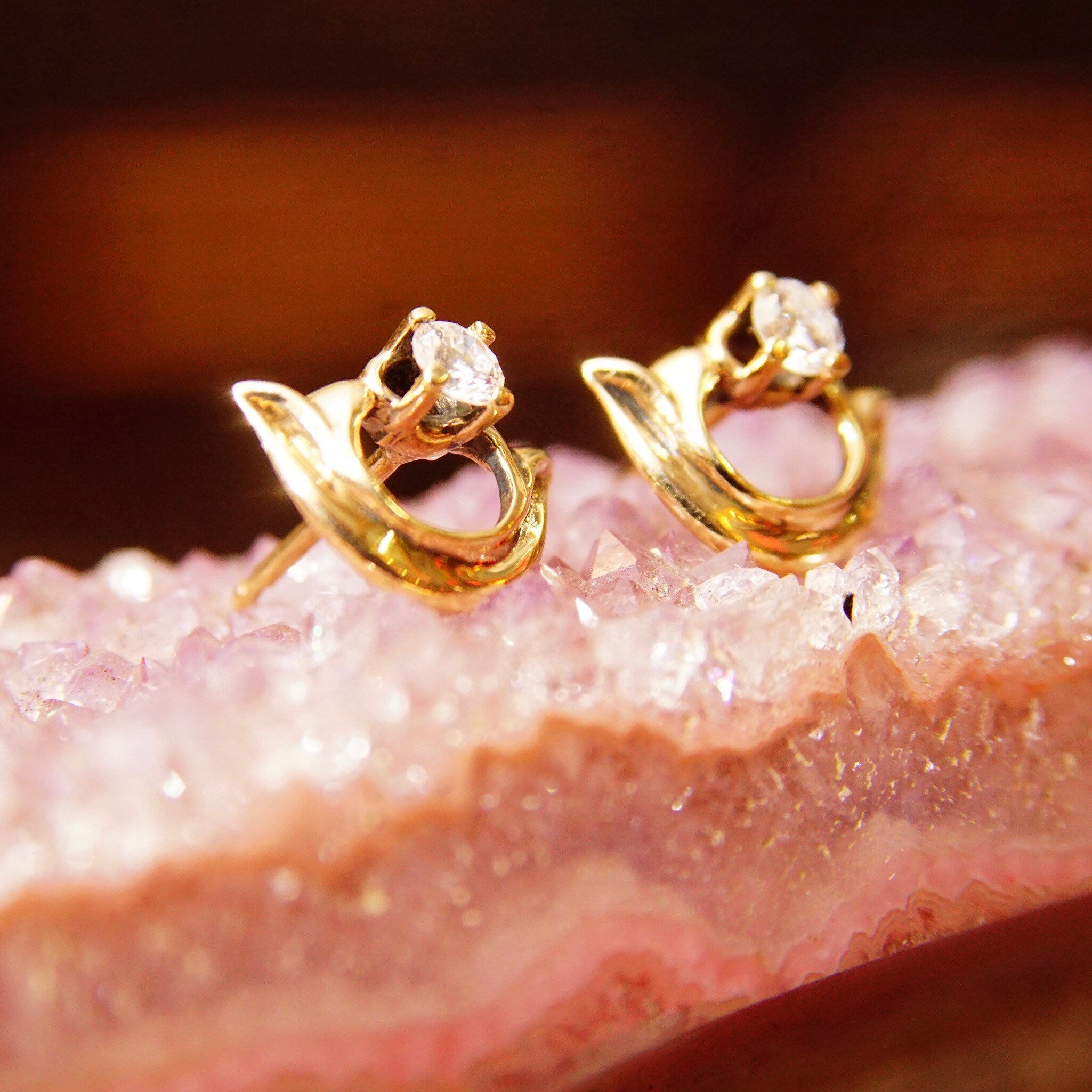 Vintage Embellished 14K Gold Brilliant Diamond Stud Earrings, .17CT Prong-Set Diamond, Yellow Gold Half-Circle Accent, Elegant 585 Studs
