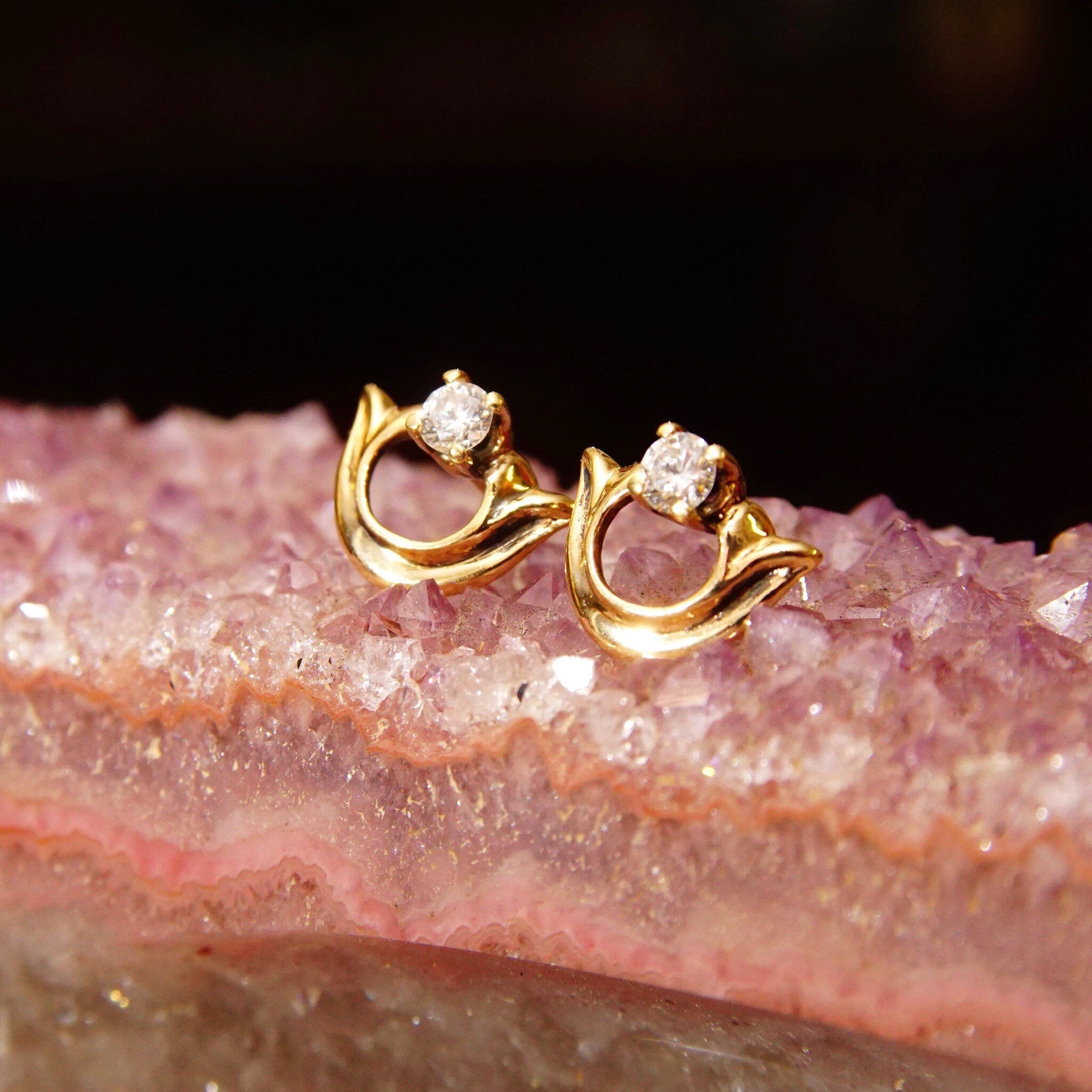 Vintage Embellished 14K Gold Brilliant Diamond Stud Earrings, .17CT Prong-Set Diamond, Yellow Gold Half-Circle Accent, Elegant 585 Studs