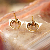 Vintage Embellished 14K Gold Brilliant Diamond Stud Earrings, .17CT Prong-Set Diamond, Yellow Gold Half-Circle Accent, Elegant 585 Studs