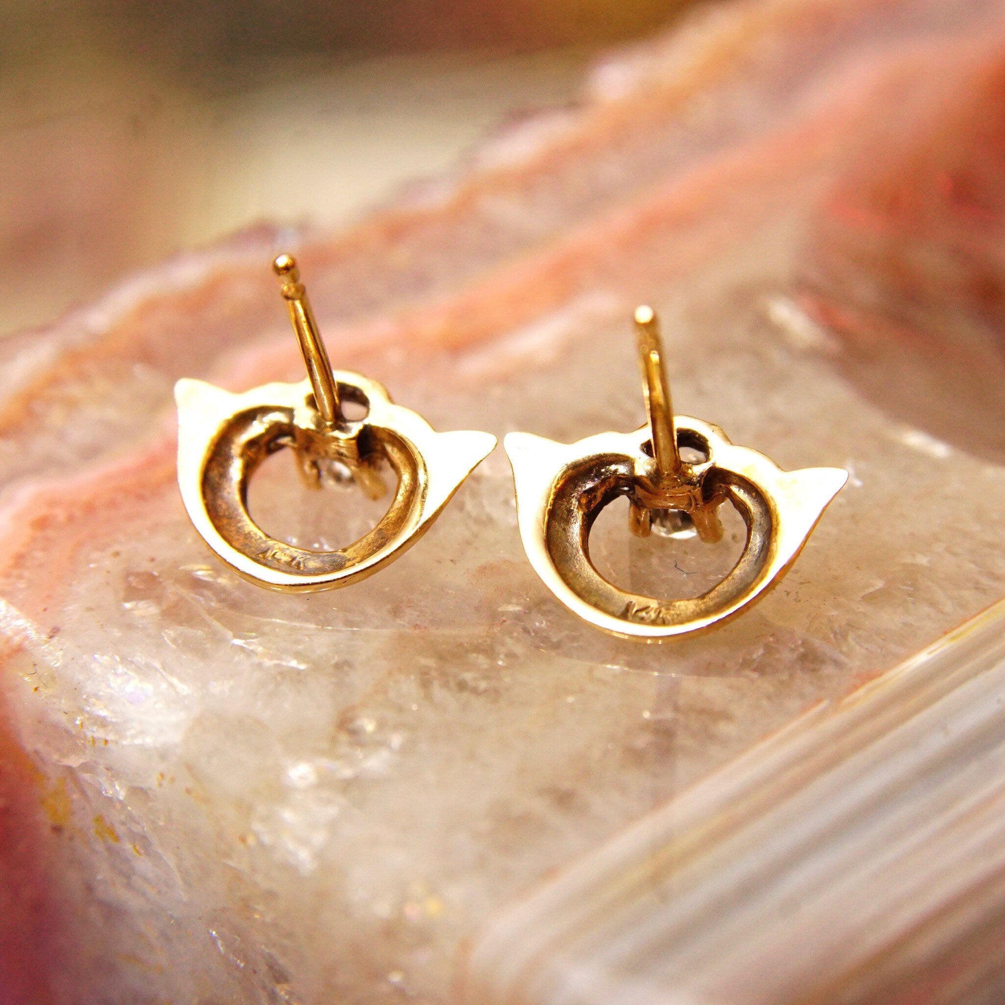 Vintage Embellished 14K Gold Brilliant Diamond Stud Earrings, .17CT Prong-Set Diamond, Yellow Gold Half-Circle Accent, Elegant 585 Studs