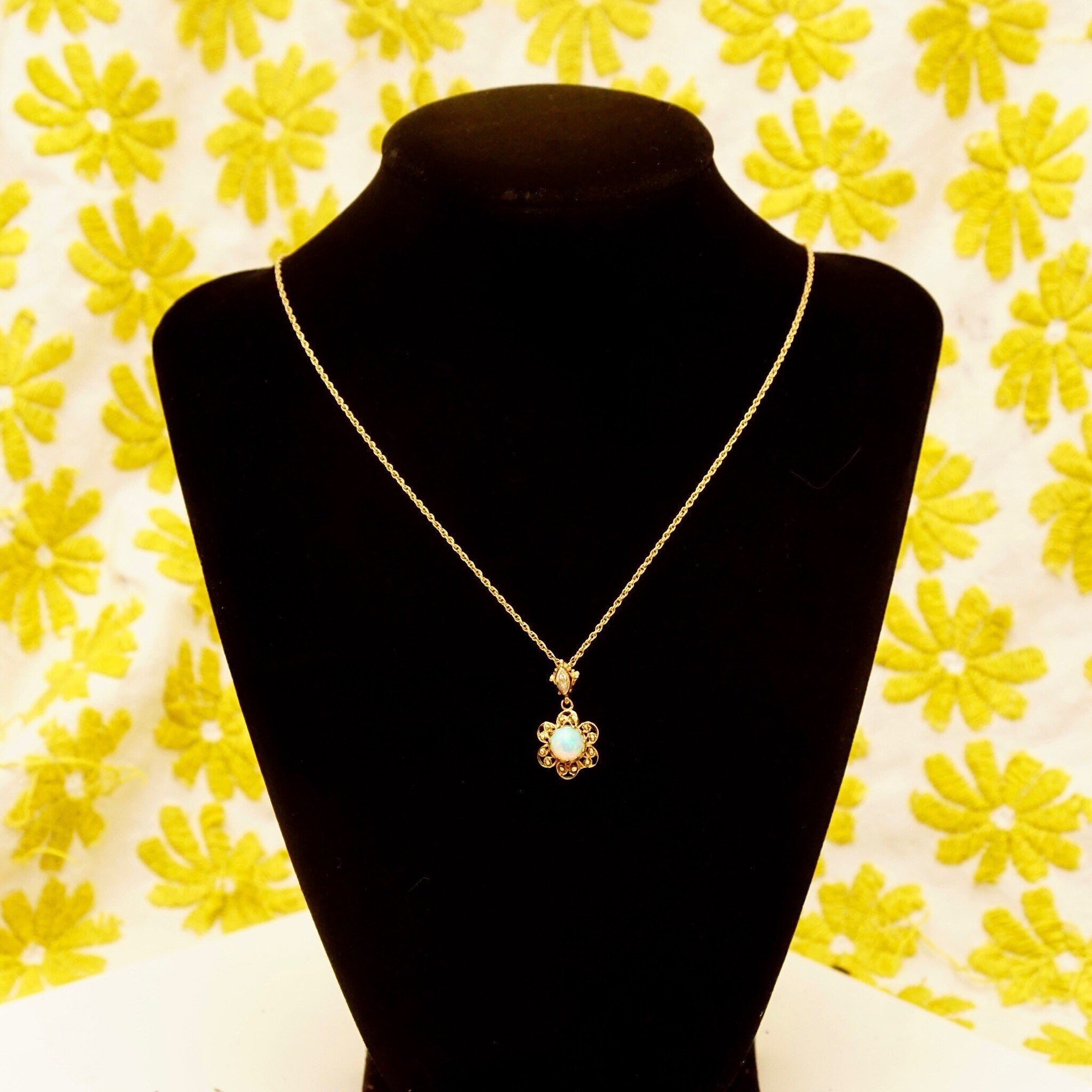 14K Filigree Opal Flower Pendant With 2-Diamond Accent Necklace Bail, Gemstone Cabochon, 1.5mm Loose Rope Chain, 21" L