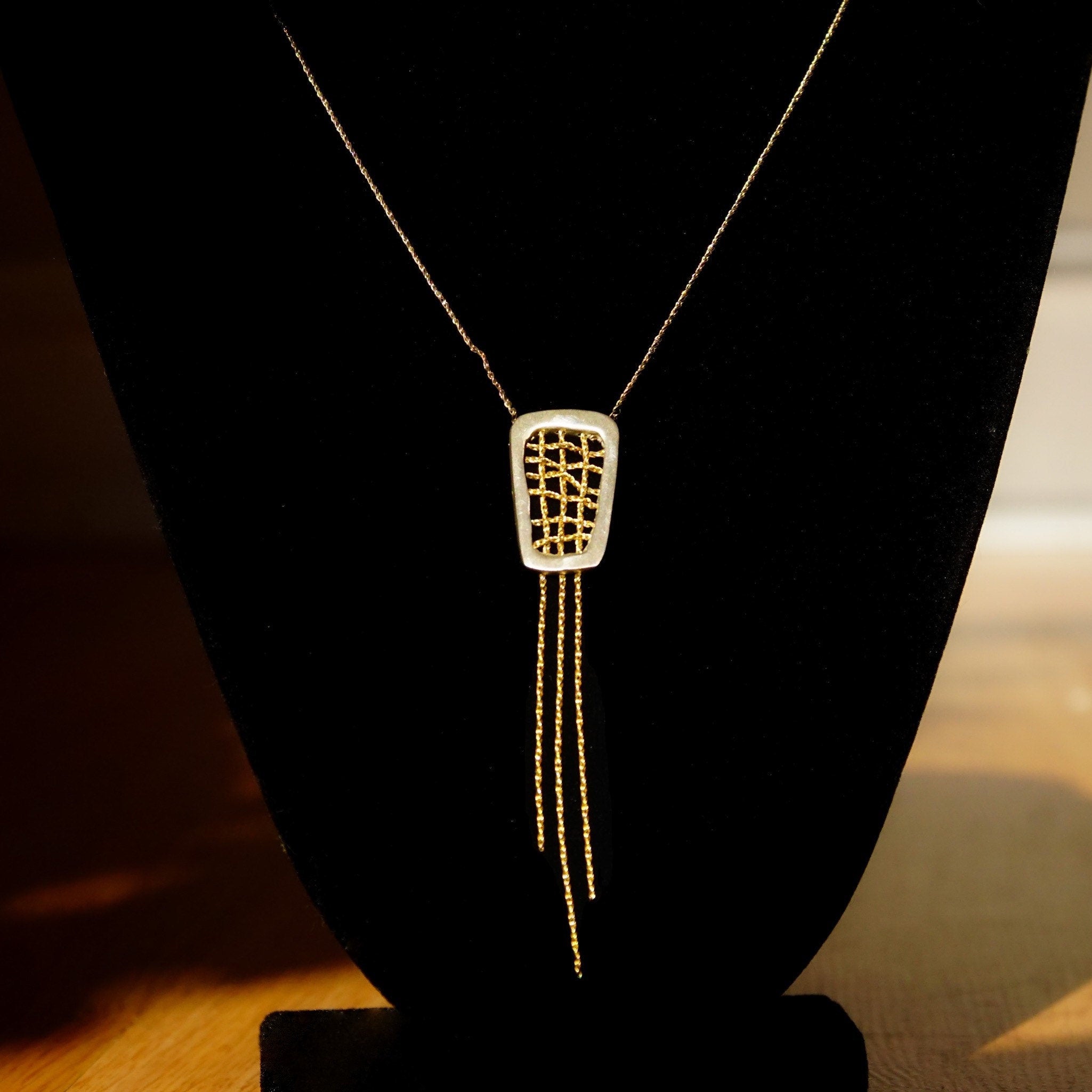 Vintage Abstract Modernist Sterling Silver Gold Wire Tassel Pendant Necklace, 16 1/2" L