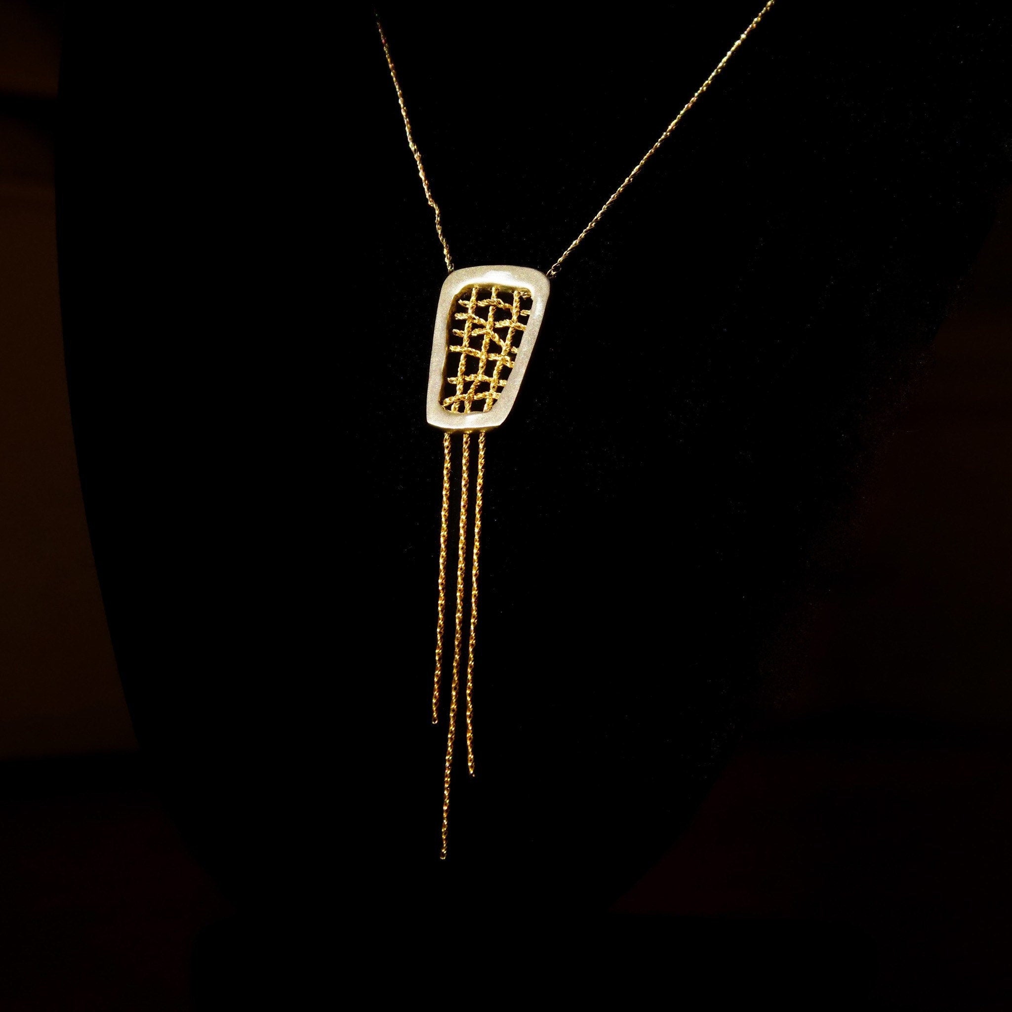 Vintage Abstract Modernist Sterling Silver Gold Wire Tassel Pendant Necklace, 16 1/2" L