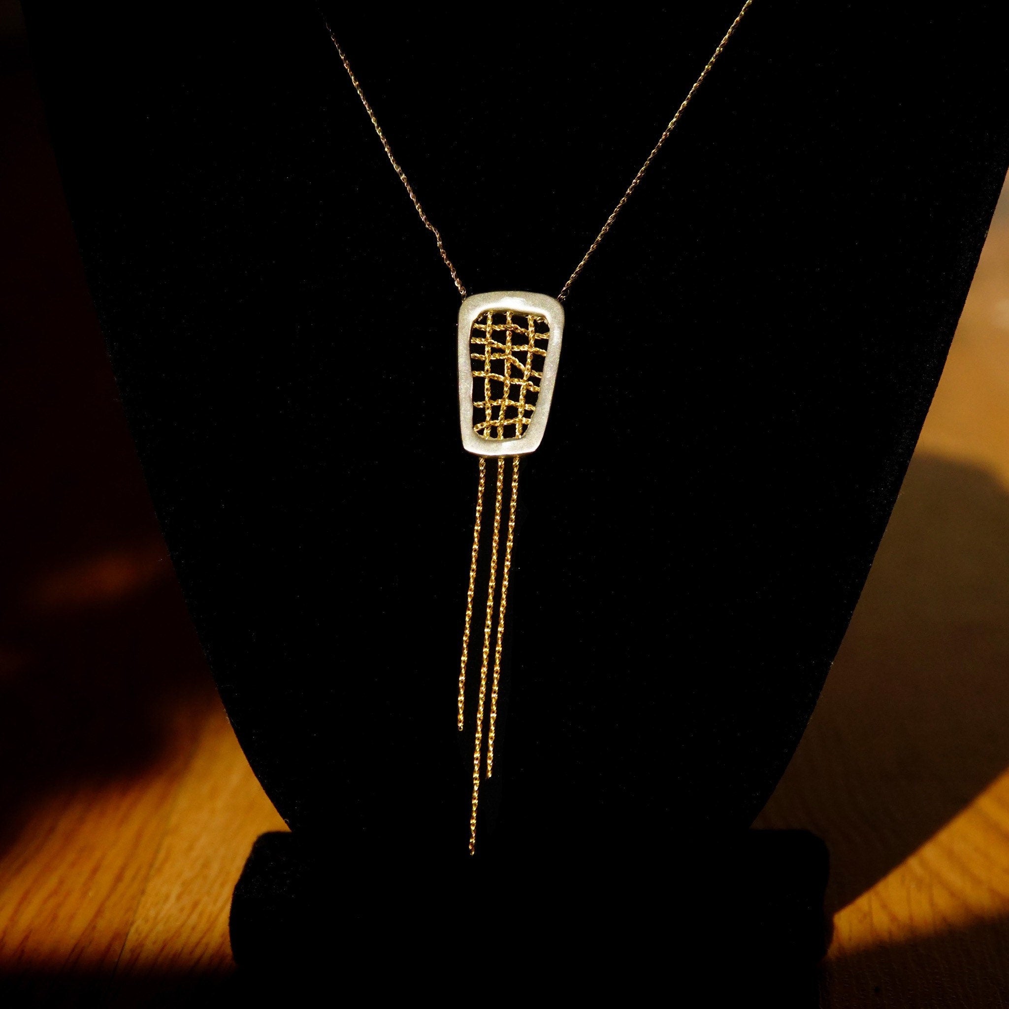 Vintage Abstract Modernist Sterling Silver Gold Wire Tassel Pendant Necklace, 16 1/2" L