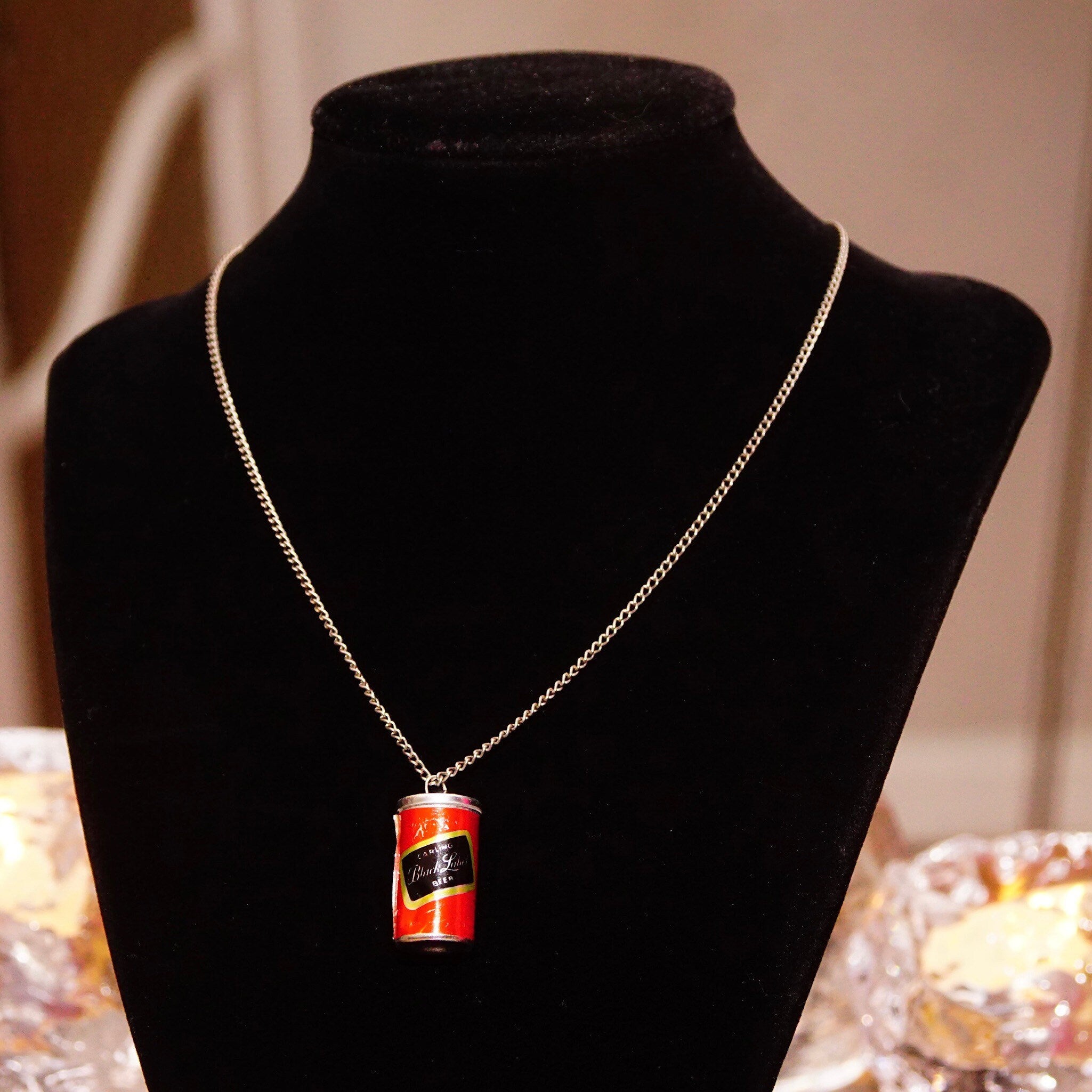Vintage Carling Black Label Beer Can Pendant Necklace, Steel Pull Tab Beer Can Charm, 2mm Curb Chain Choker, Fun/Cute Accessories, 16" L