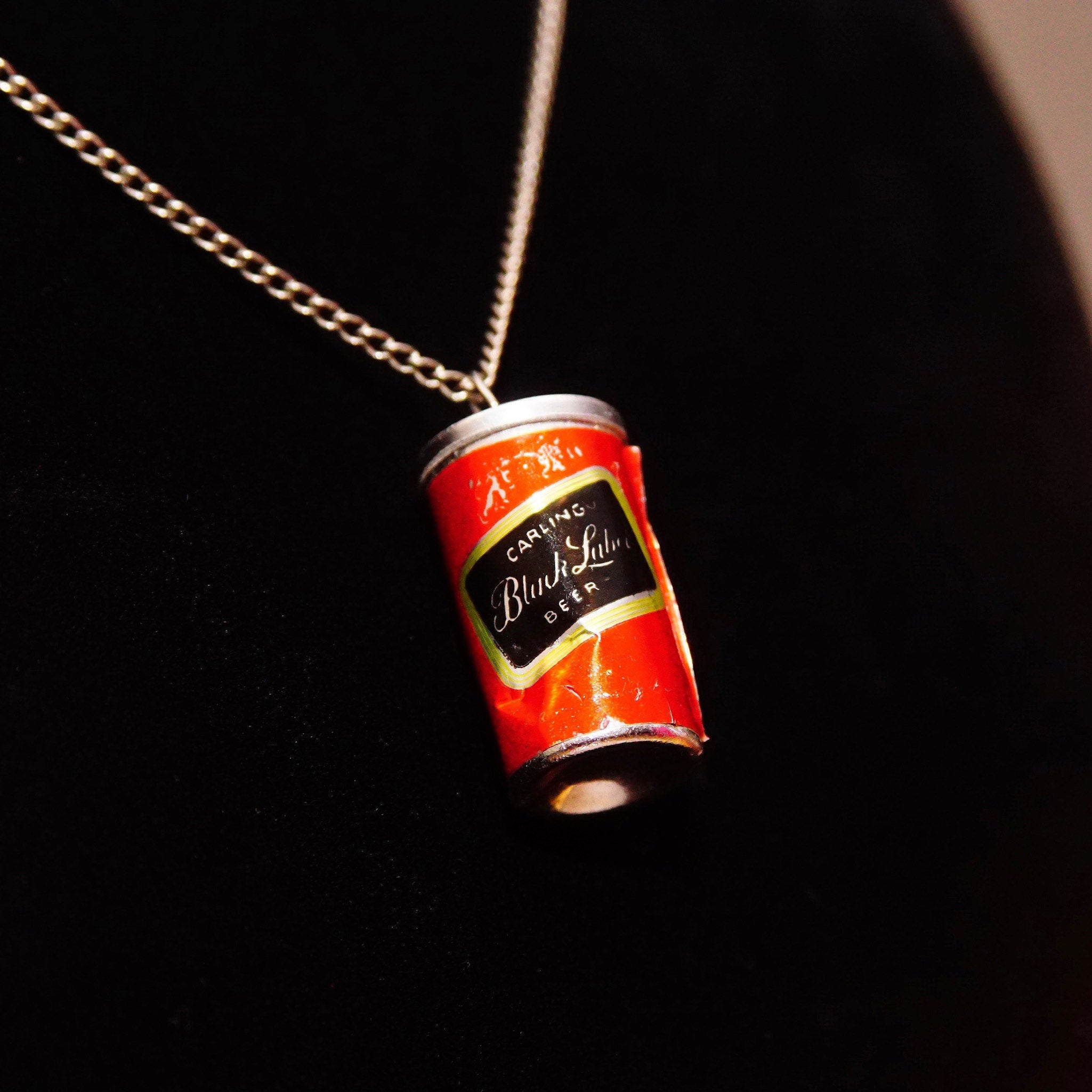 Vintage Carling Black Label Beer Can Pendant Necklace, Steel Pull Tab Beer Can Charm, 2mm Curb Chain Choker, Fun/Cute Accessories, 16" L