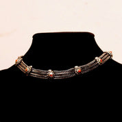 Vintage Three-Strand Medallion Clamp Choker Necklace, Oxidized Silver Foxtail Chains, Red Enamel Accents, Hook Clasp, Turkish Style, 15 1/2"