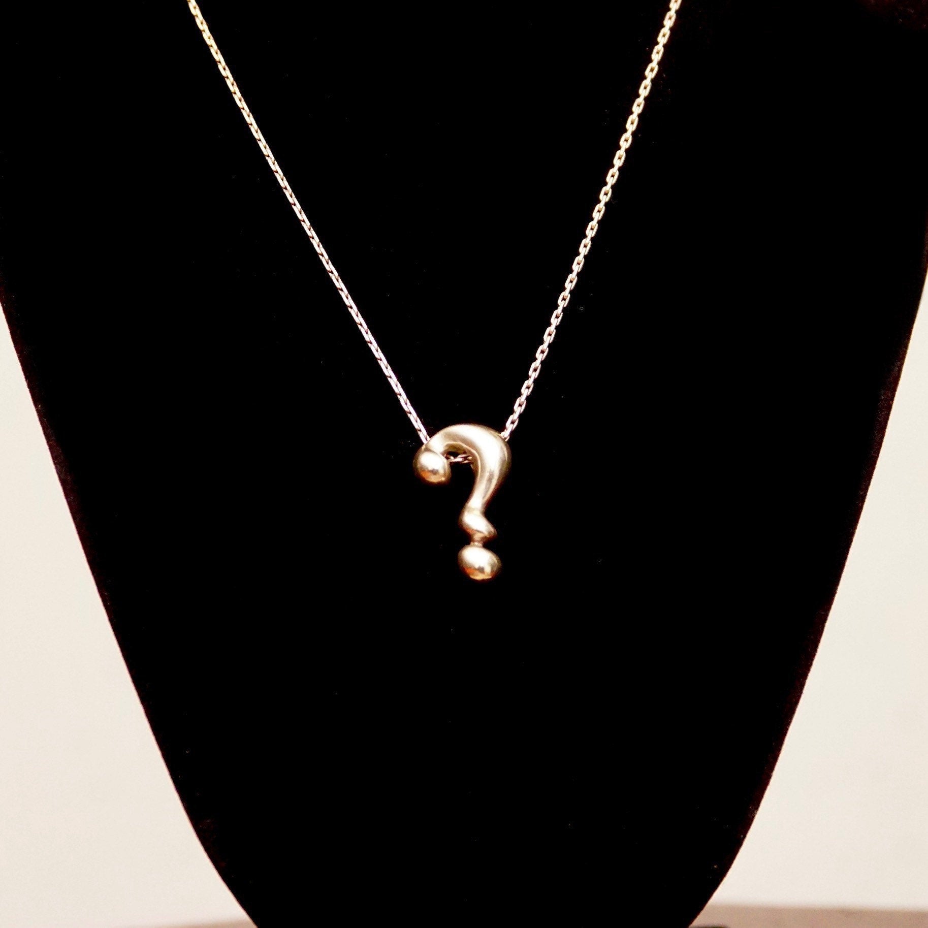Vintage MINAS 925 Question Mark Necklace, Polished Sterling Silver Question Symbol Pendant, 1mm Boston Link Chain, Cute Choker, 16 1/4" L
