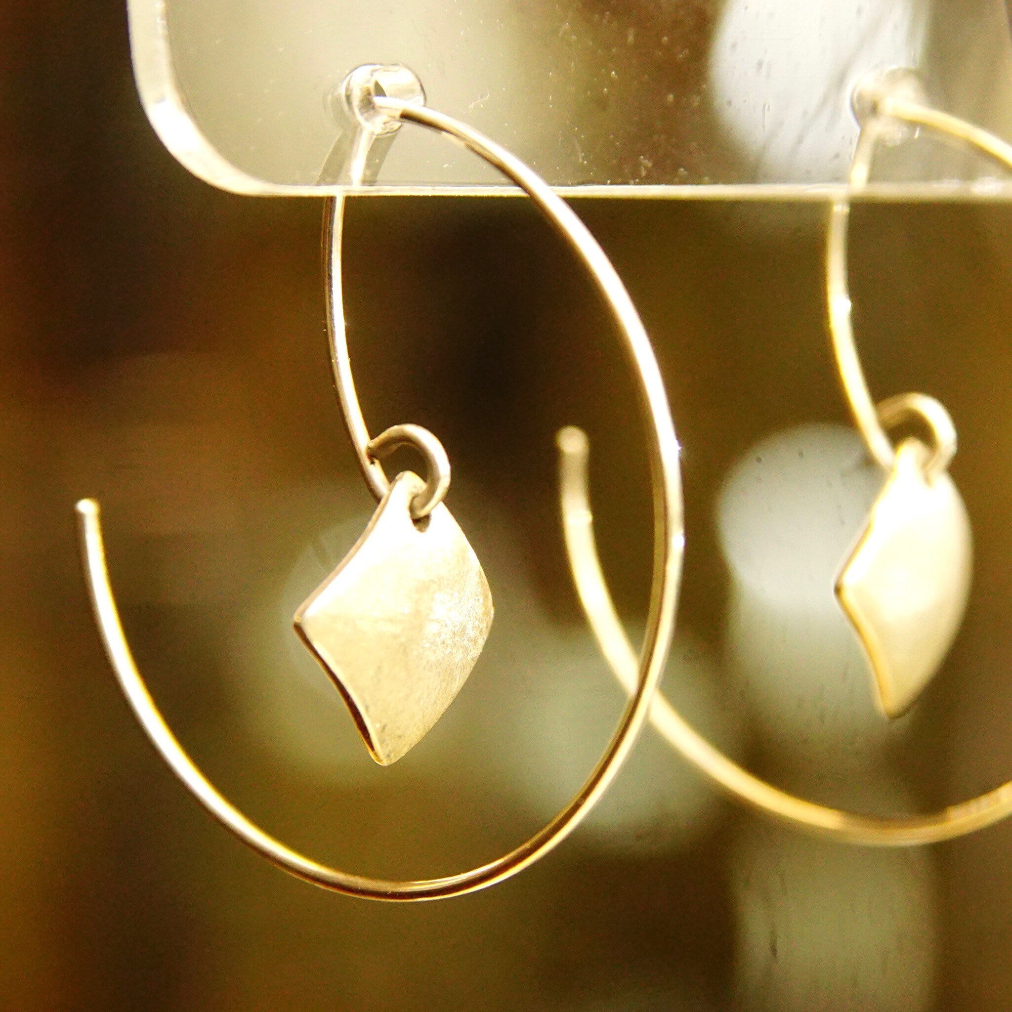 Vintage Minimalist Sterling Silver Threader Wire Hoop Earrings, Dangling Silver Diamond Charm, Hallmarked, 925 Threader Hoops, 1 1/2"