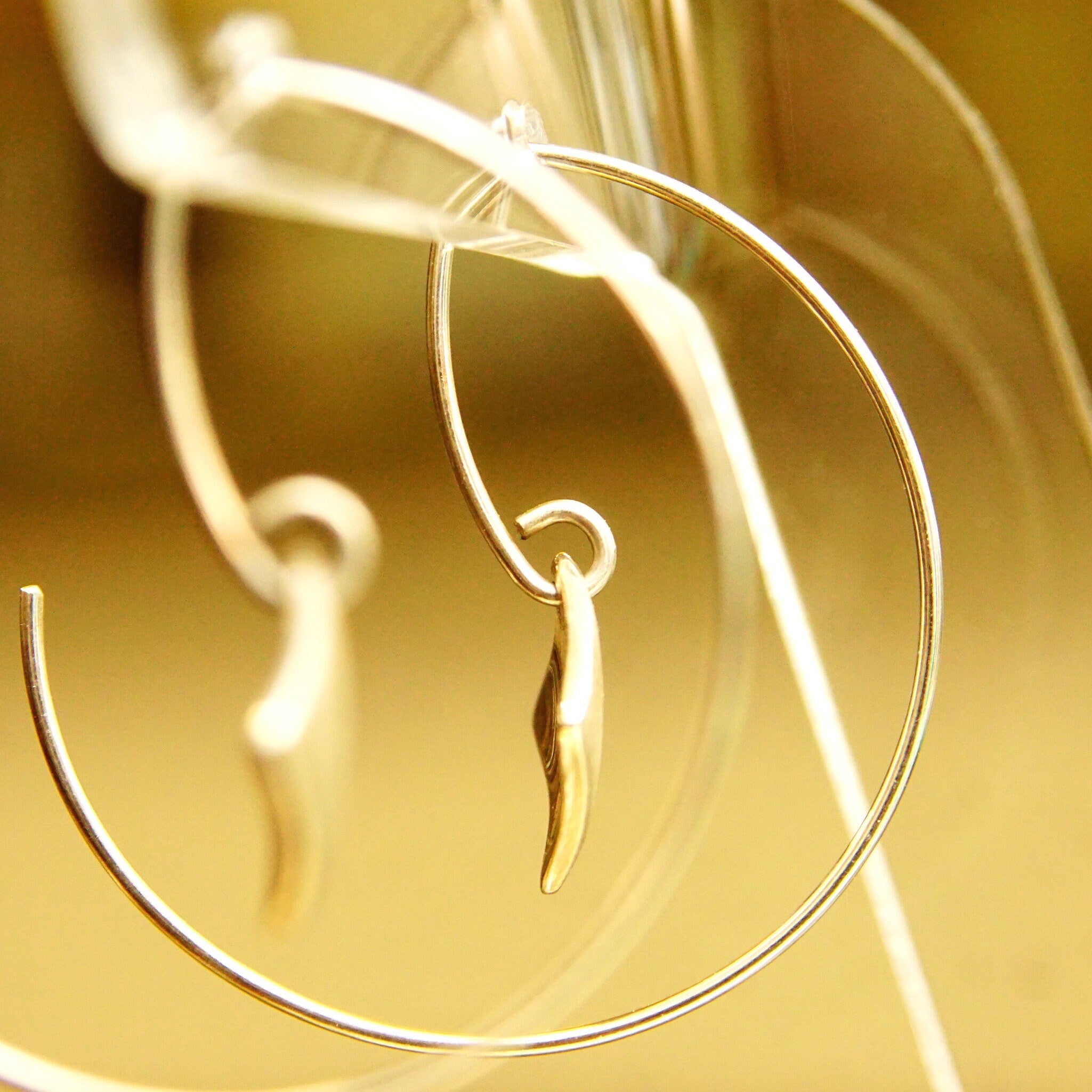 Vintage Minimalist Sterling Silver Threader Wire Hoop Earrings, Dangling Silver Diamond Charm, Hallmarked, 925 Threader Hoops, 1 1/2"