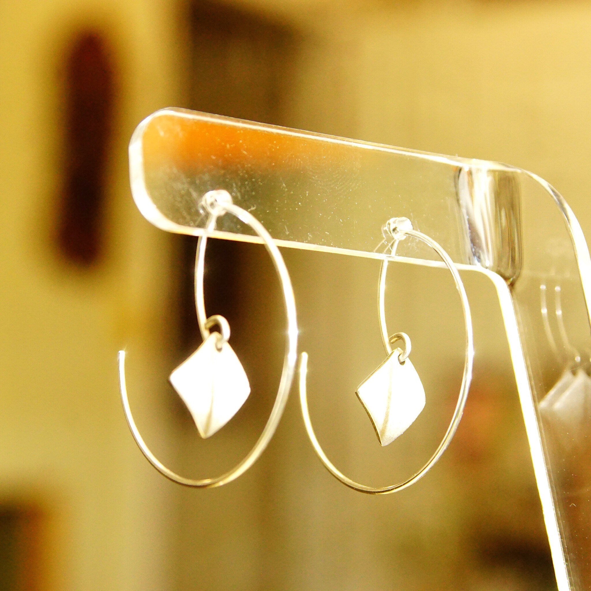 Vintage Minimalist Sterling Silver Threader Wire Hoop Earrings, Dangling Silver Diamond Charm, Hallmarked, 925 Threader Hoops, 1 1/2"