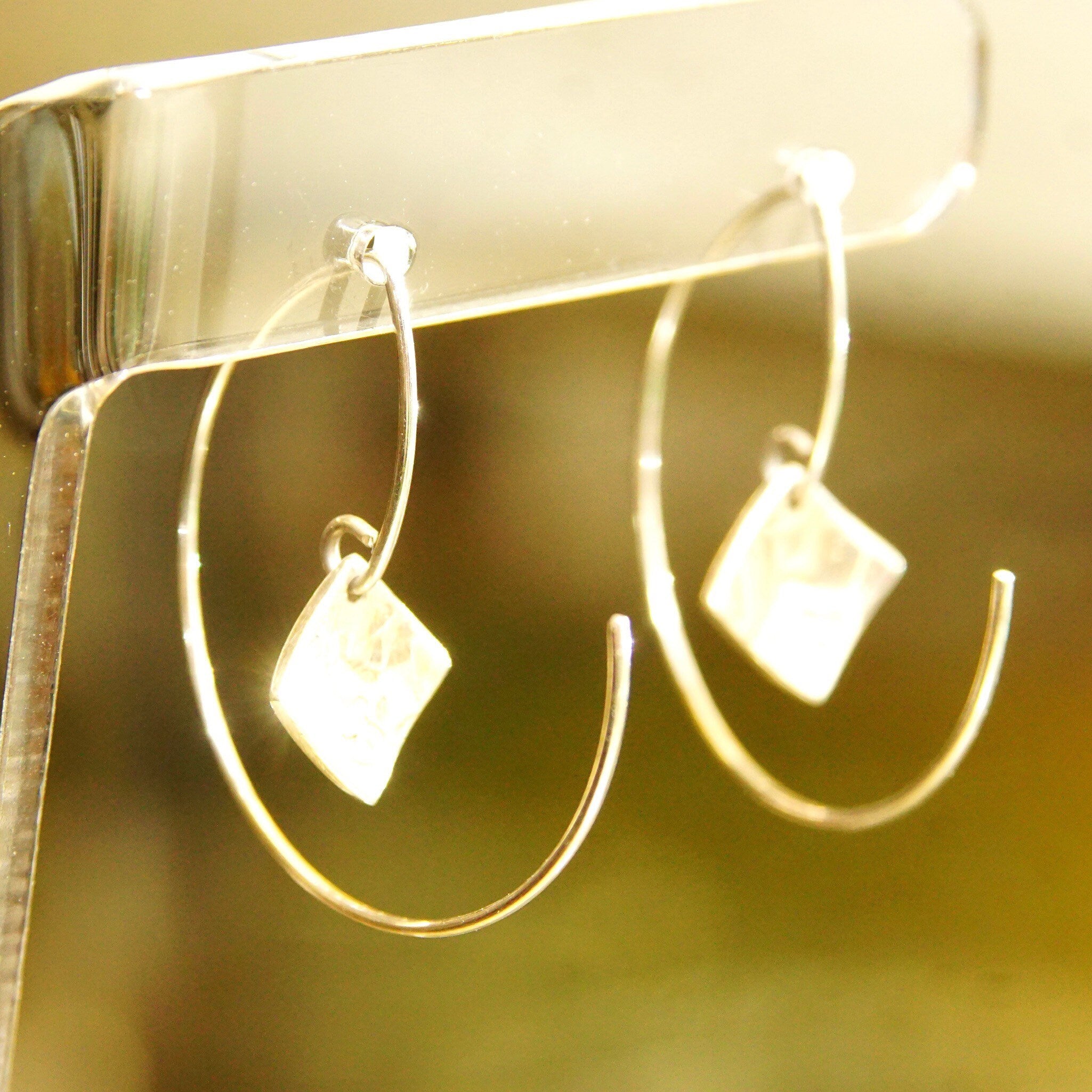 Vintage Minimalist Sterling Silver Threader Wire Hoop Earrings, Dangling Silver Diamond Charm, Hallmarked, 925 Threader Hoops, 1 1/2"