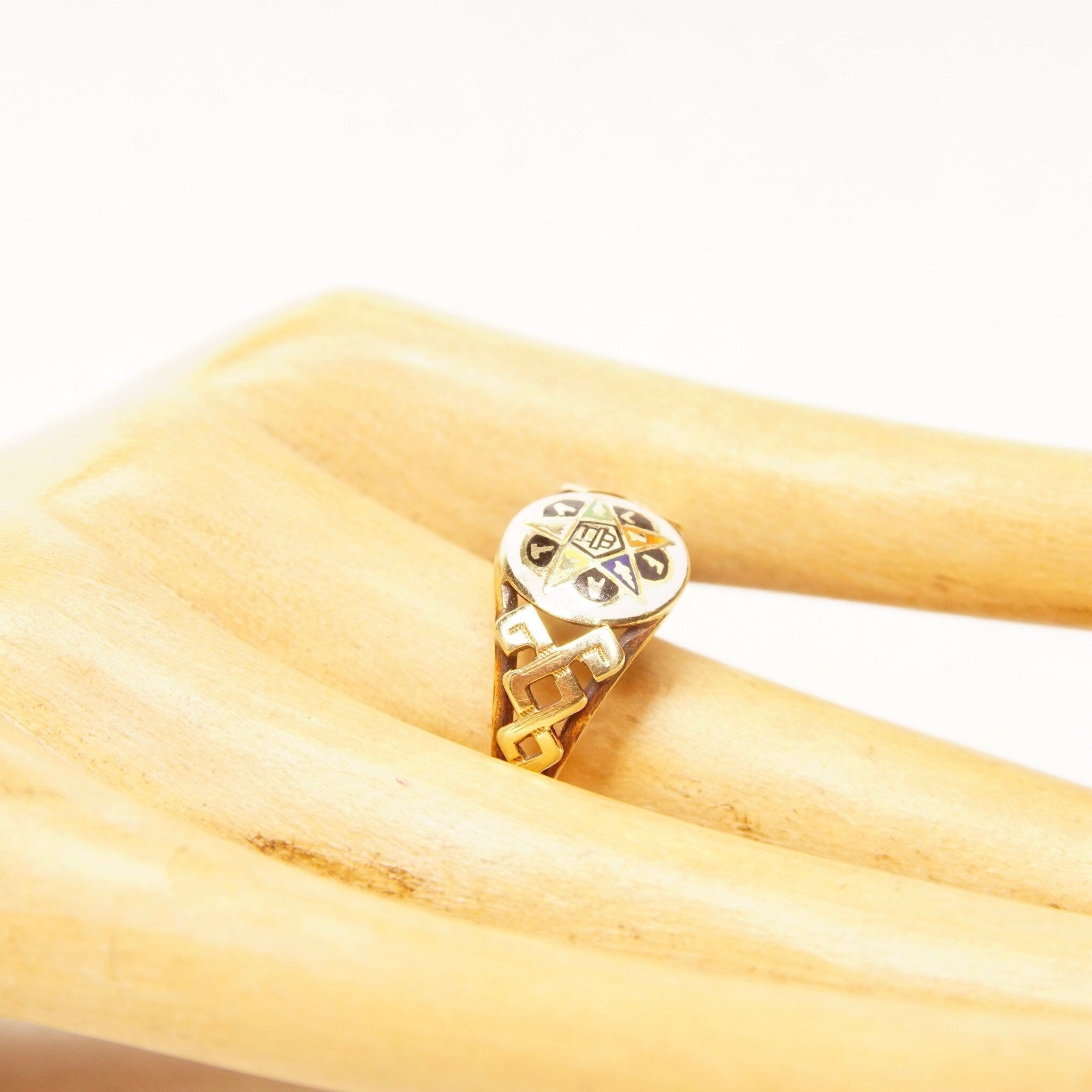 14K Enamel Order Of The Eastern Star Ring In Yellow Gold, F.A.T.A.L Women's Masonic Ring, Size 5 1/4 US