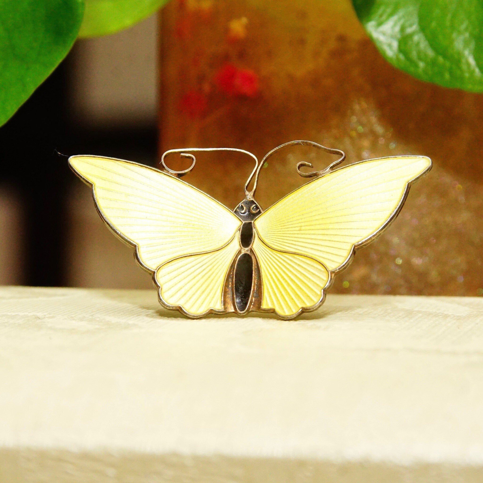 Vintage DA NORWAY S925 Guilloche Enamel Butterfly Brooch, Yellow Enameled Silver Butterfly Pin, Scandinavian Jewelry, 2 1/4 W