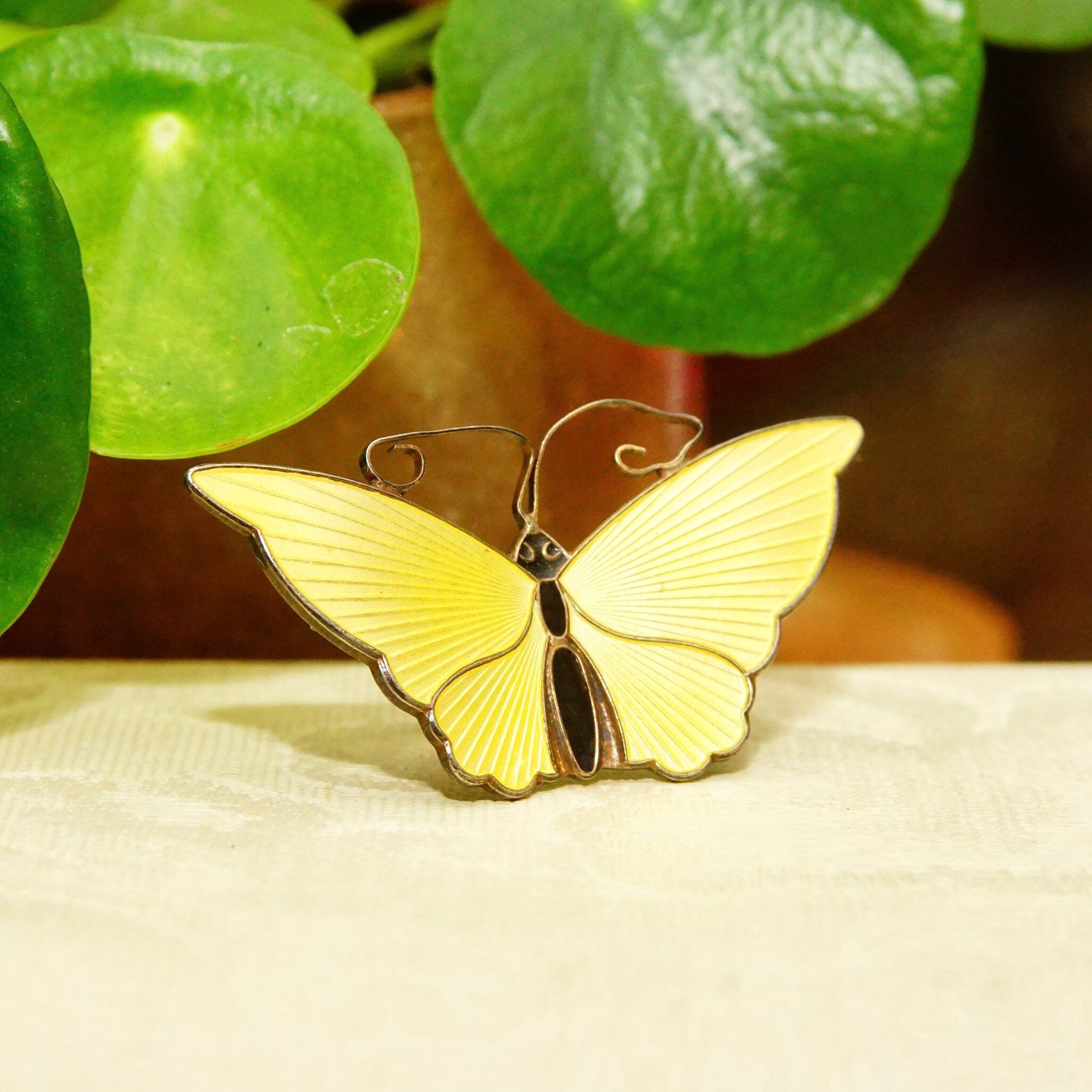 Vintage DA NORWAY S925 Guilloche Enamel Butterfly Brooch, Yellow Enameled Silver Butterfly Pin, Scandinavian Jewelry, 2 1/4 W