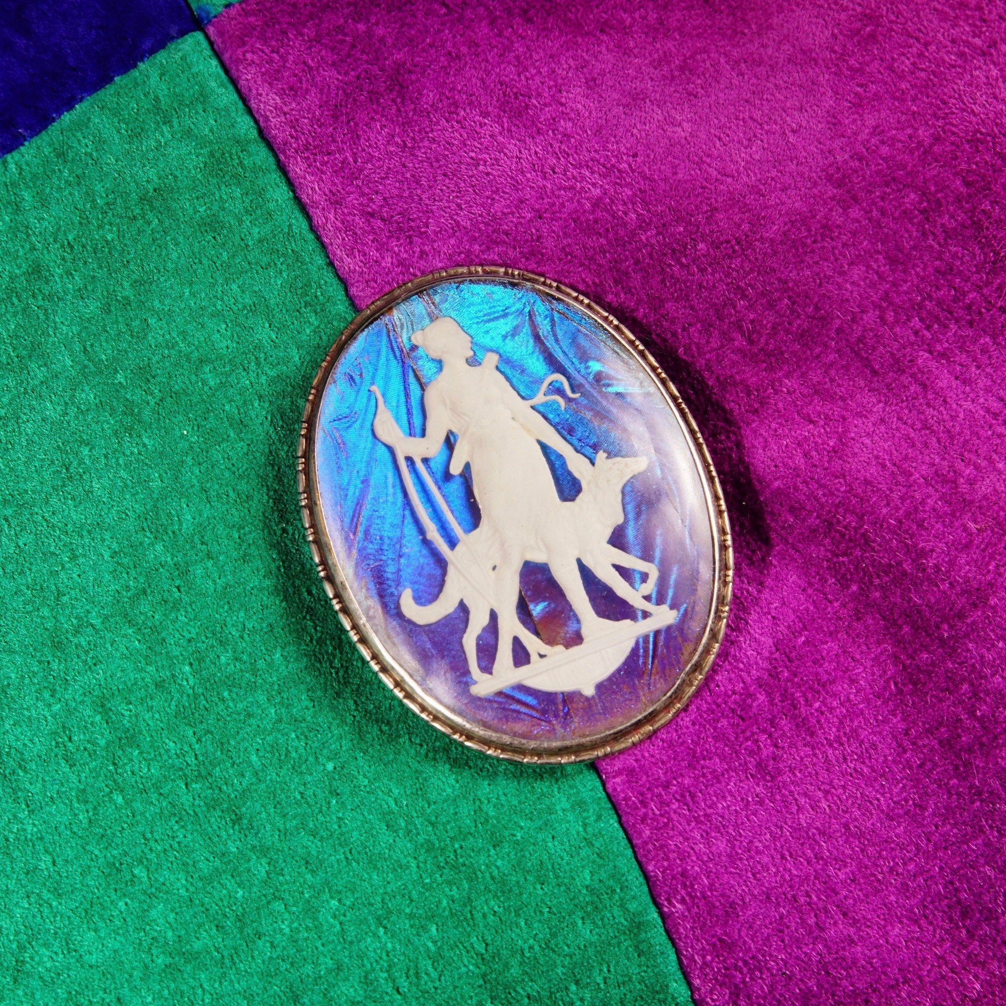 Vintage Art Deco Sterling Silver Butterfly Wing Cameo Brooch, Iridescent Sulfide Cameo Pin, Grecian Goddess, Made In England, 1 3/4" L