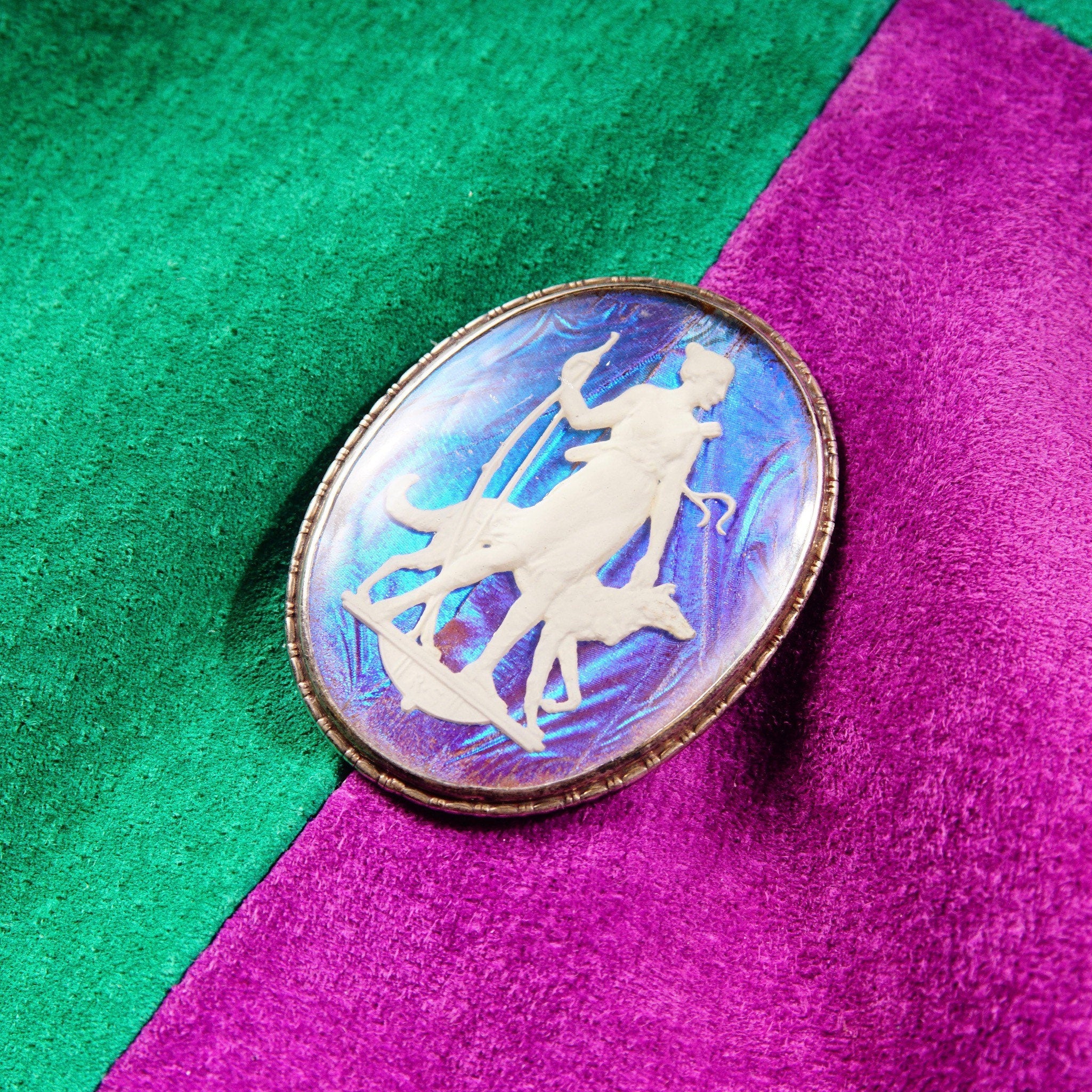 Vintage Art Deco Sterling Silver Butterfly Wing Cameo Brooch, Iridescent Sulfide Cameo Pin, Grecian Goddess, Made In England, 1 3/4" L