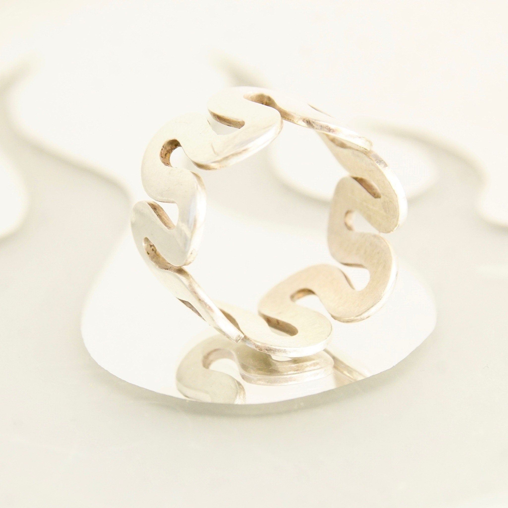 Vintage Bohemian Modernist Sterling Silver Squiggle Ring, 15mm Silver Band Ring, Unisex, Stackable 925 Rings, Size 10 US