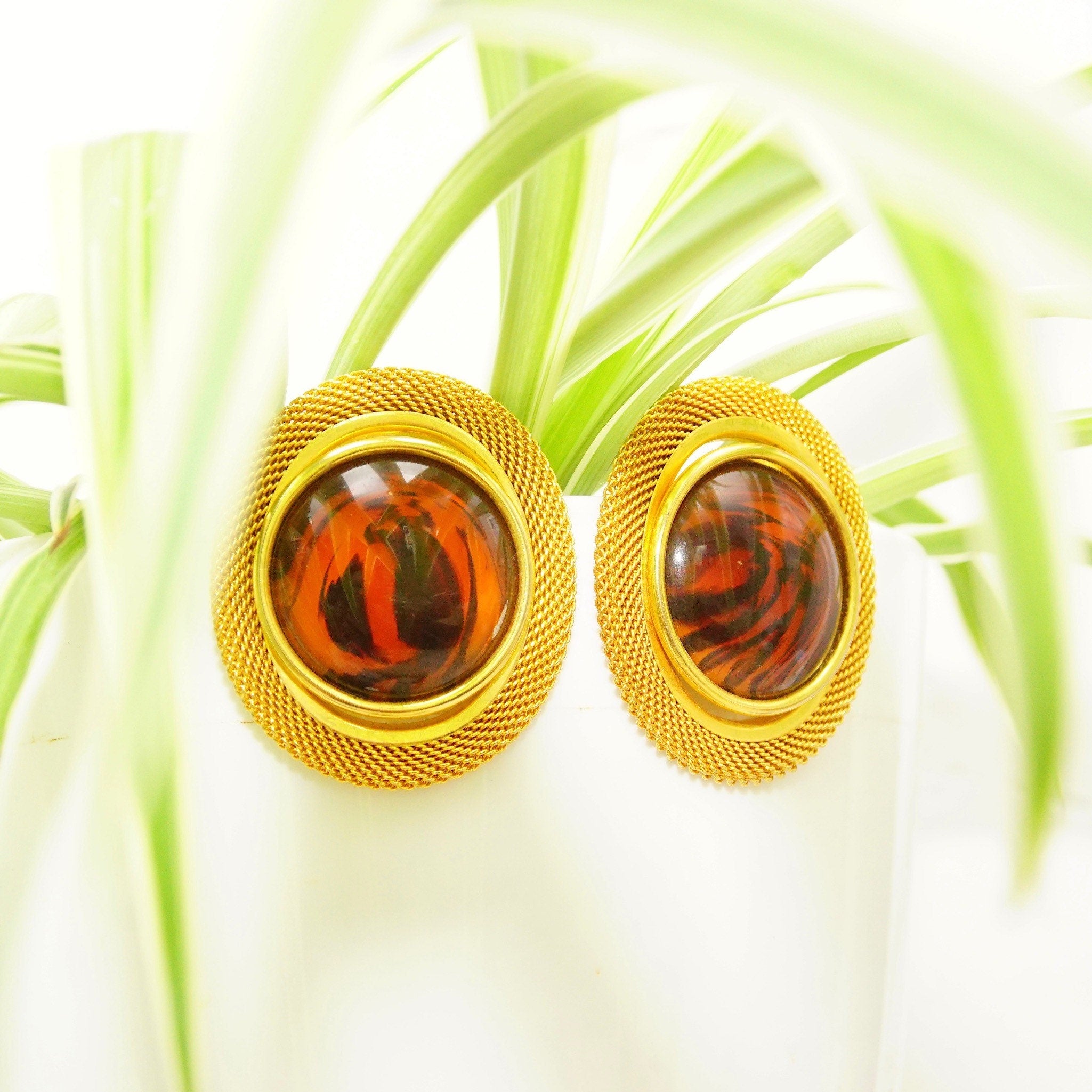 Vintage Gold-Tone Lucite Amber Clip-On Earrings, 80's Modernist Faux Amber Earrings, Chunky Gold Mesh Clip-On, Chunky, Dress-Up, 1 15/16" L