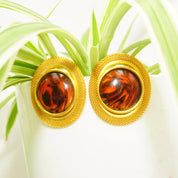 Vintage Gold-Tone Lucite Amber Clip-On Earrings, 80's Modernist Faux Amber Earrings, Chunky Gold Mesh Clip-On, Chunky, Dress-Up, 1 15/16" L
