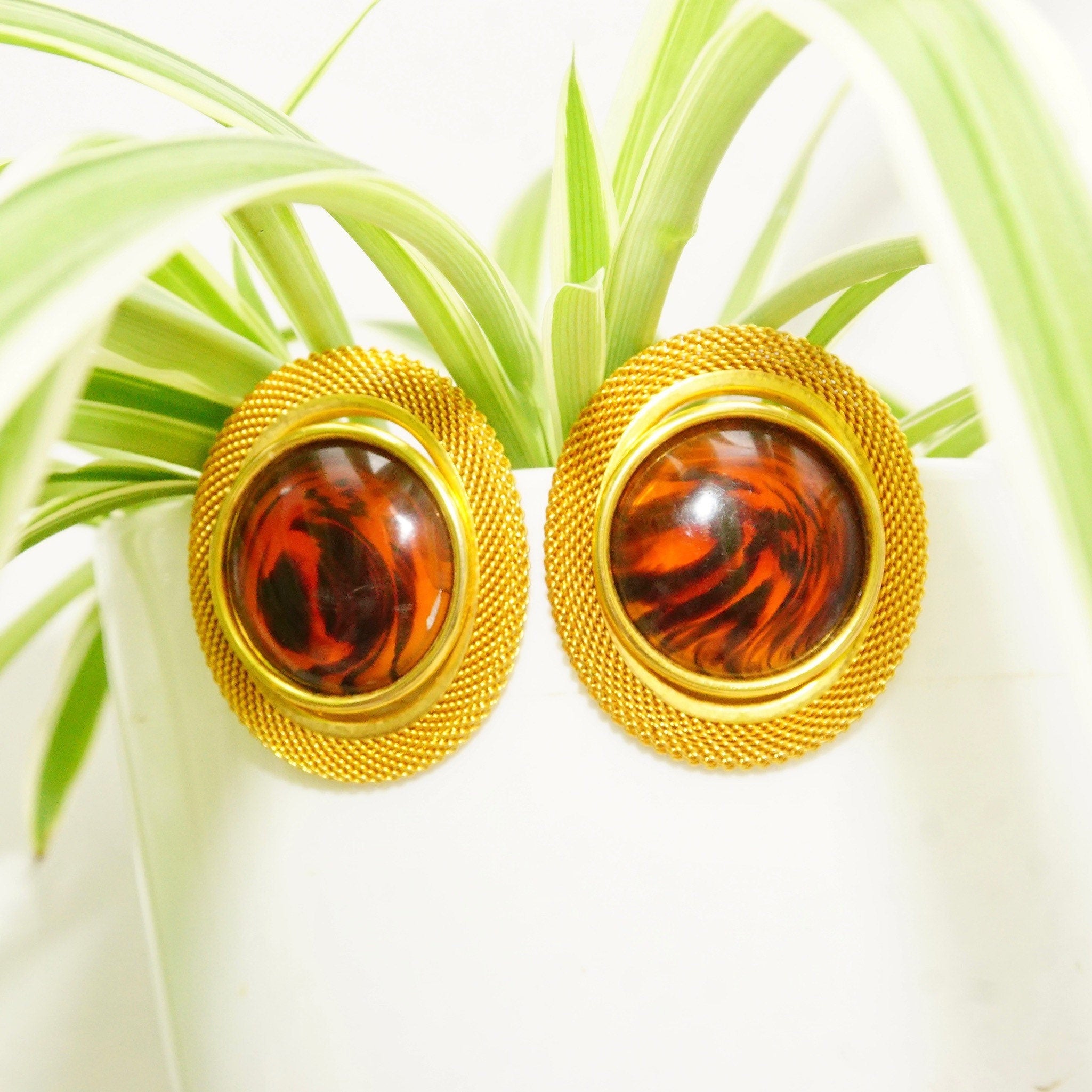 Vintage Gold-Tone Lucite Amber Clip-On Earrings, 80's Modernist Faux Amber Earrings, Chunky Gold Mesh Clip-On, Chunky, Dress-Up, 1 15/16" L