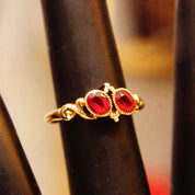 Antique 14K Gold Two-Ruby Gemstone Ring, Thin Embellished Gold Band, Decorated Bezel Setting, Ring Size 5 US