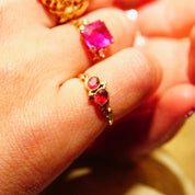 Antique 14K Gold Two-Ruby Gemstone Ring, Thin Embellished Gold Band, Decorated Bezel Setting, Ring Size 5 US