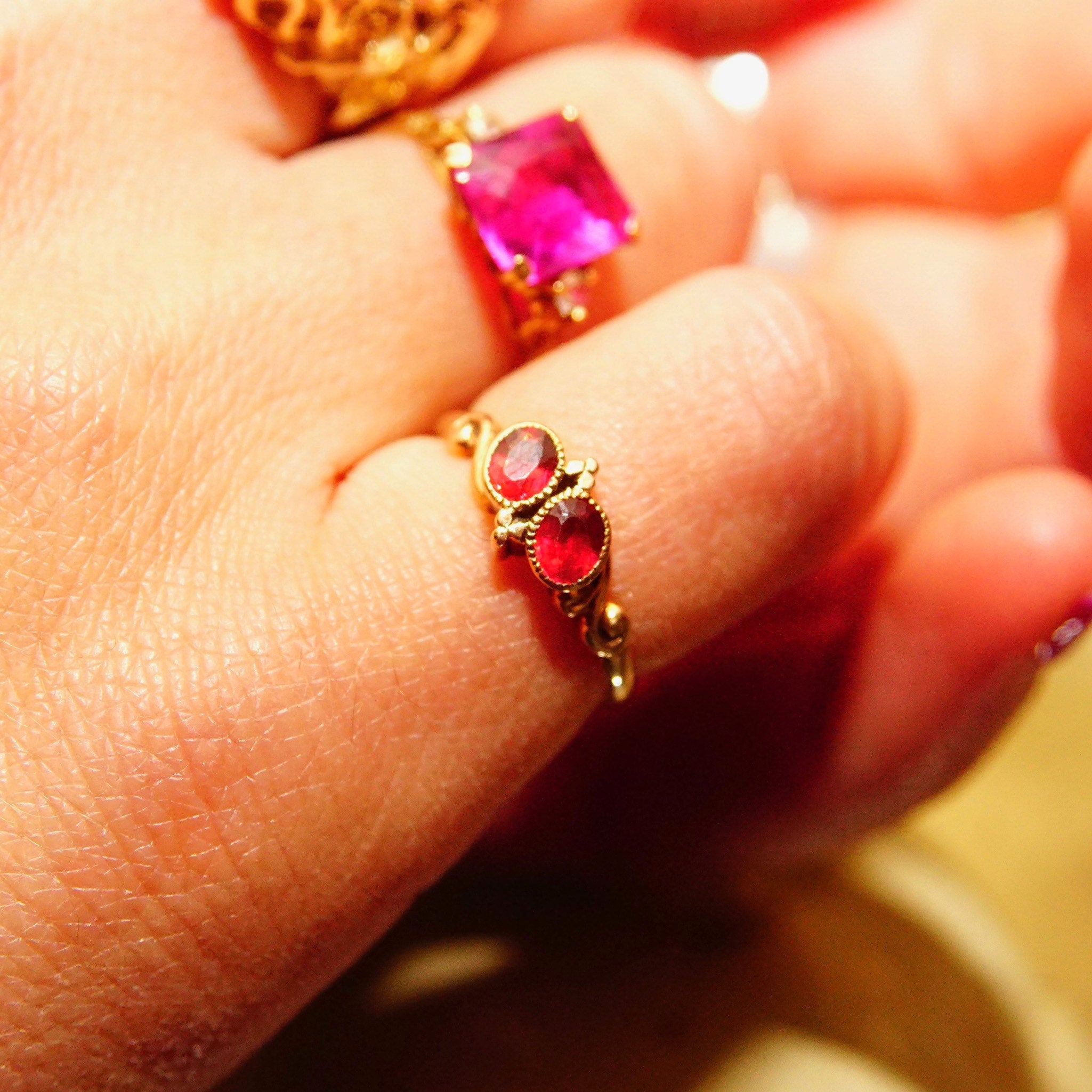 Antique 14K Gold Two-Ruby Gemstone Ring, Thin Embellished Gold Band, Decorated Bezel Setting, Ring Size 5 US