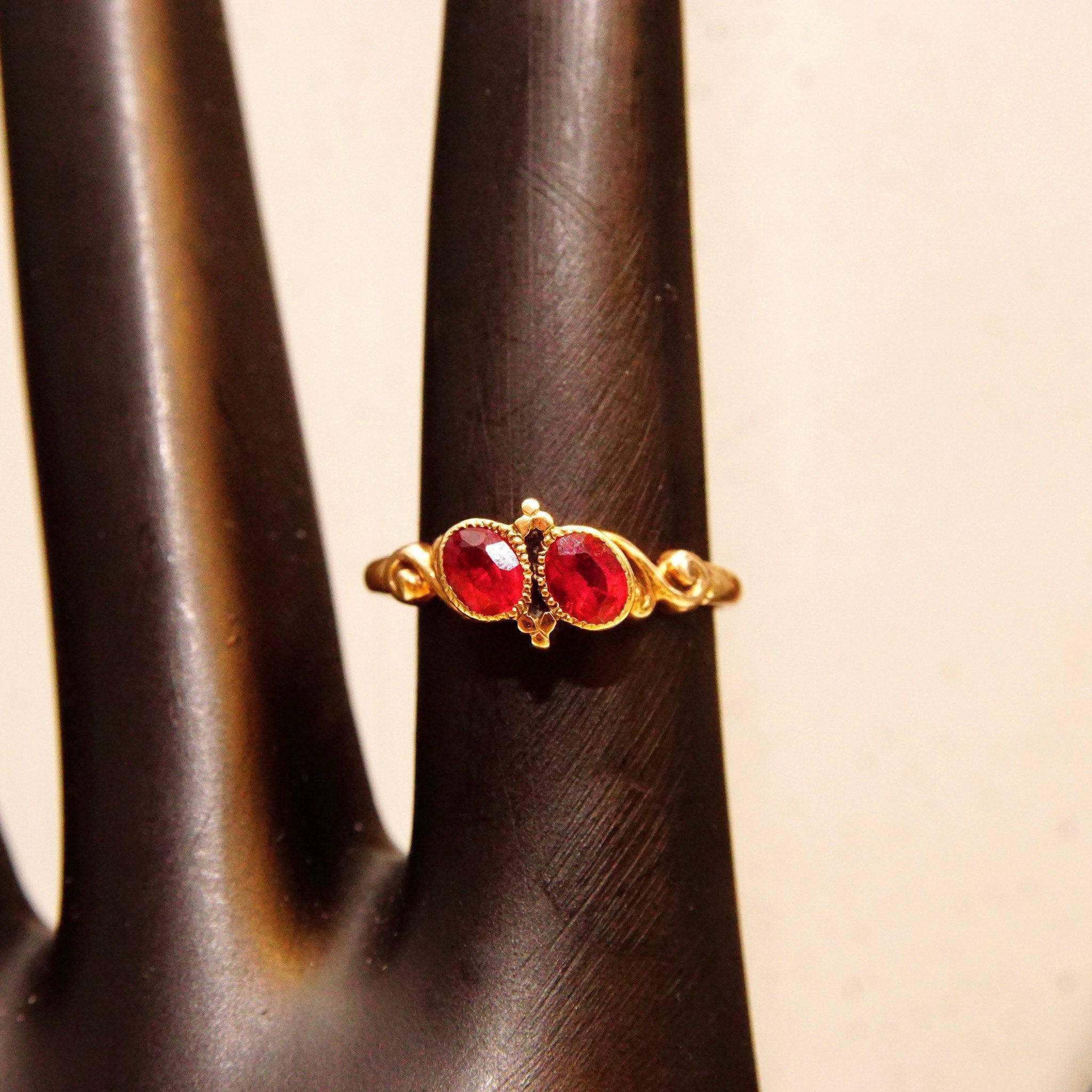 Antique 14K Gold Two-Ruby Gemstone Ring, Thin Embellished Gold Band, Decorated Bezel Setting, Ring Size 5 US