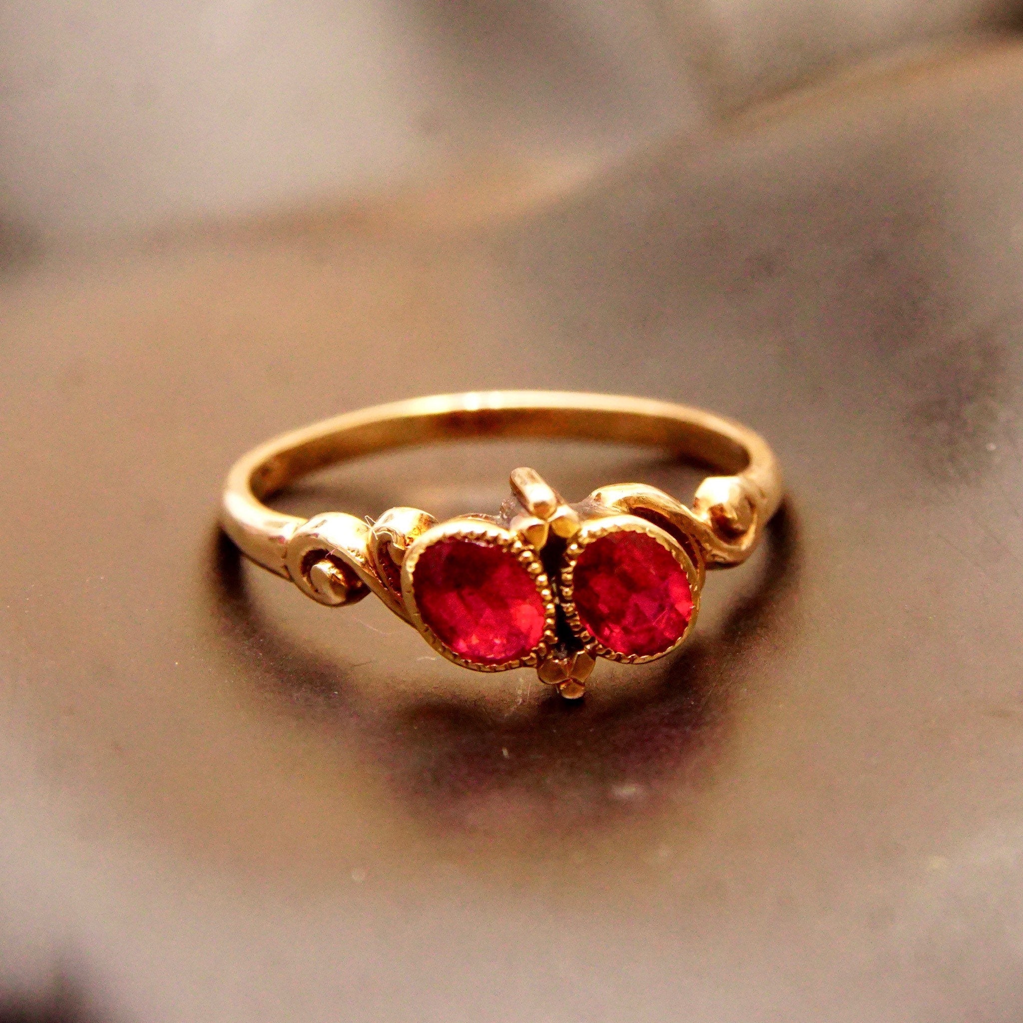 Antique 14K Gold Two-Ruby Gemstone Ring, Thin Embellished Gold Band, Decorated Bezel Setting, Ring Size 5 US