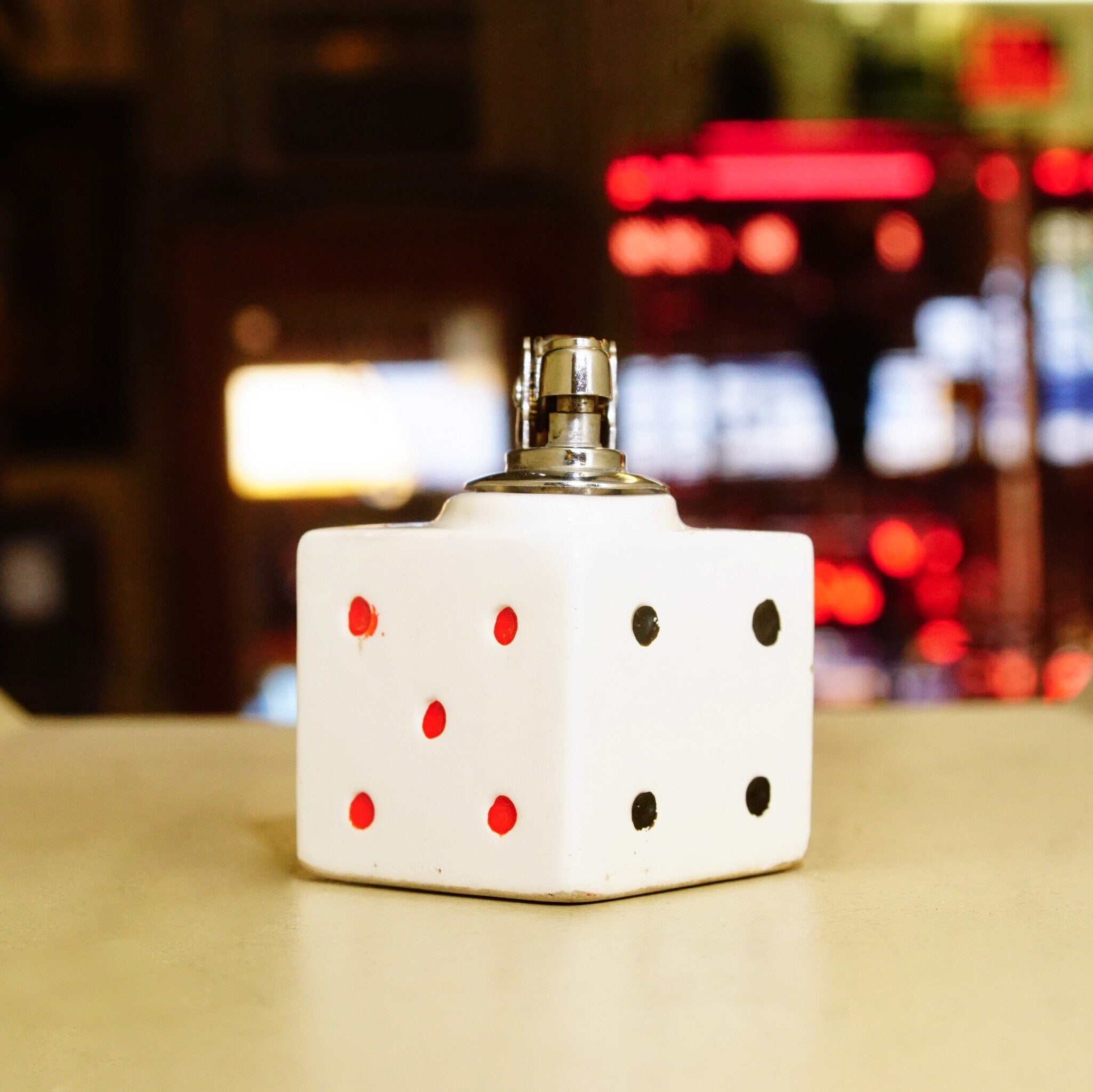 Vintage Ceramic Dice Table Lighter, Hollow 6-Sided Die, Refillable Butane Cartridge, Working Condition, 2 3/8" H