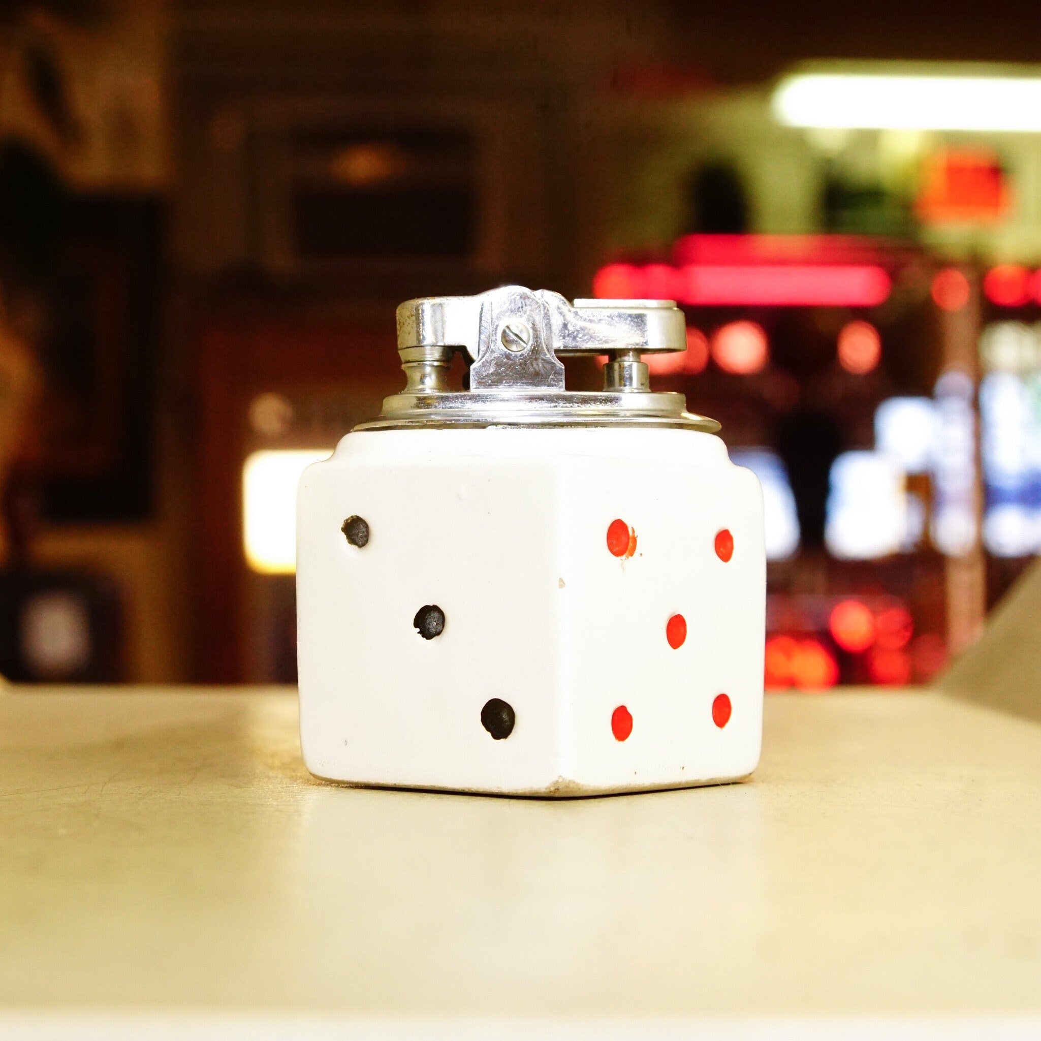 Vintage Ceramic Dice Table Lighter, Hollow 6-Sided Die, Refillable Butane Cartridge, Working Condition, 2 3/8" H