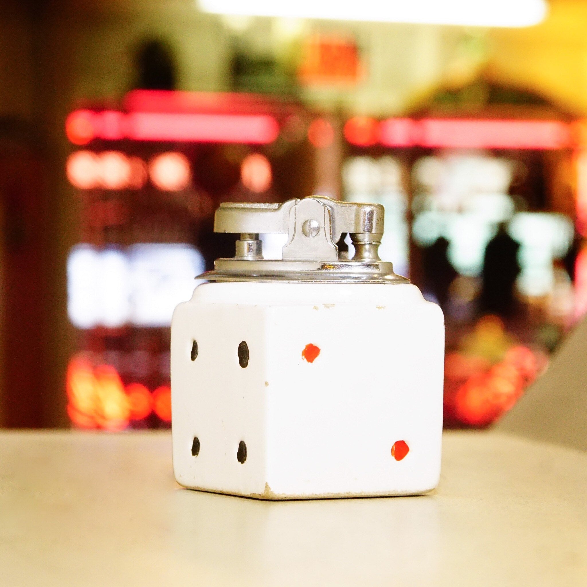 Vintage Ceramic Dice Table Lighter, Hollow 6-Sided Die, Refillable Butane Cartridge, Working Condition, 2 3/8" H