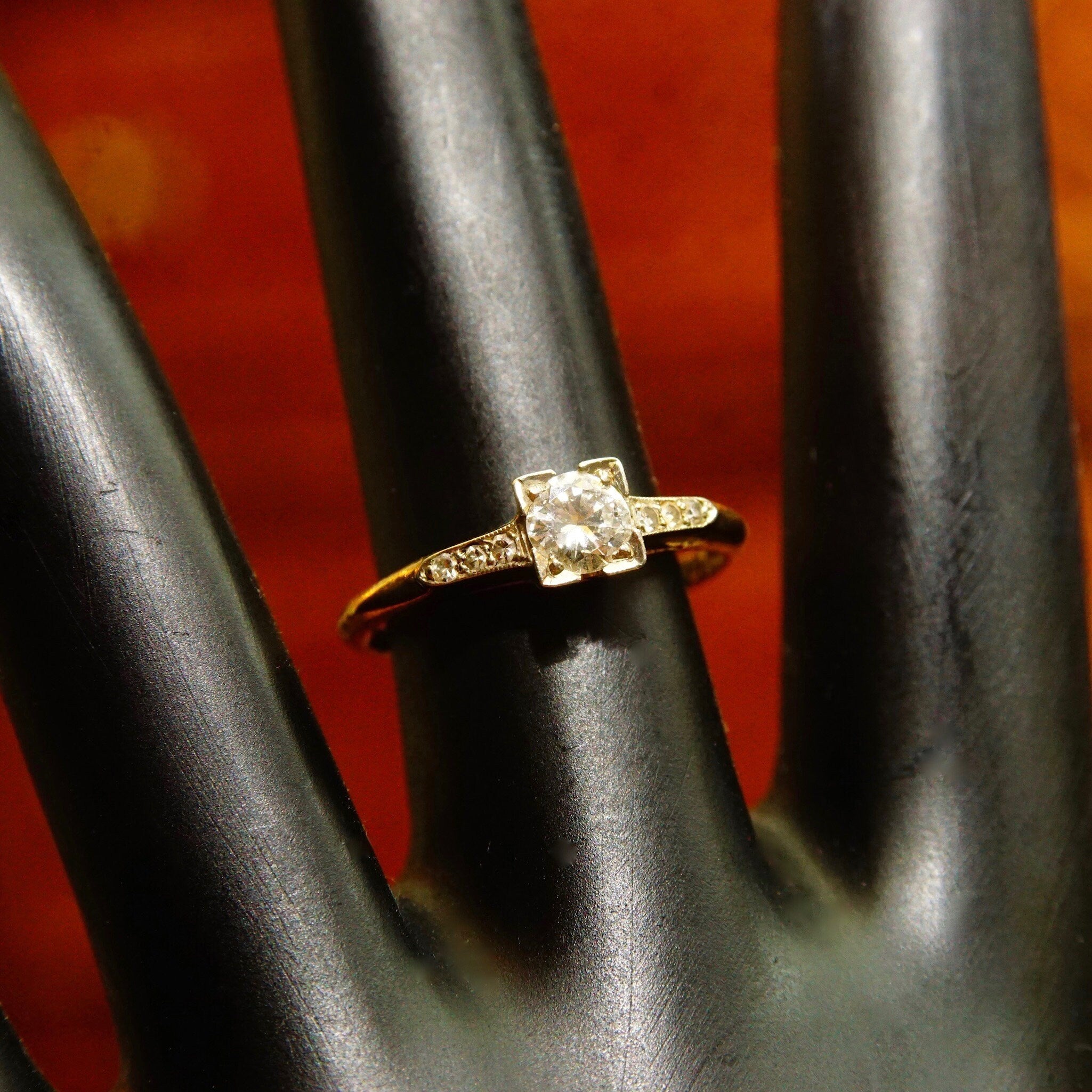 Vintage 1940's Art Deco 14K Brilliant Diamond Engagement Ring, .5 CT Center Stone, Diamond Accented Yellow Gold Band, 585, Size 7 US