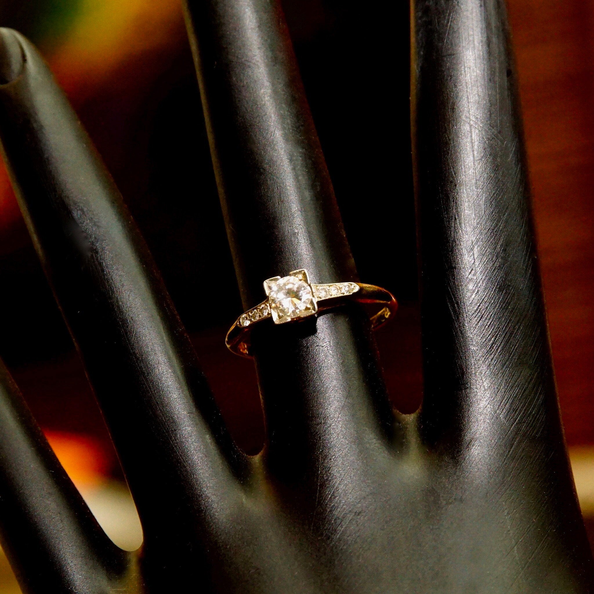 Vintage 1940's Art Deco 14K Brilliant Diamond Engagement Ring, .5 CT Center Stone, Diamond Accented Yellow Gold Band, 585, Size 7 US