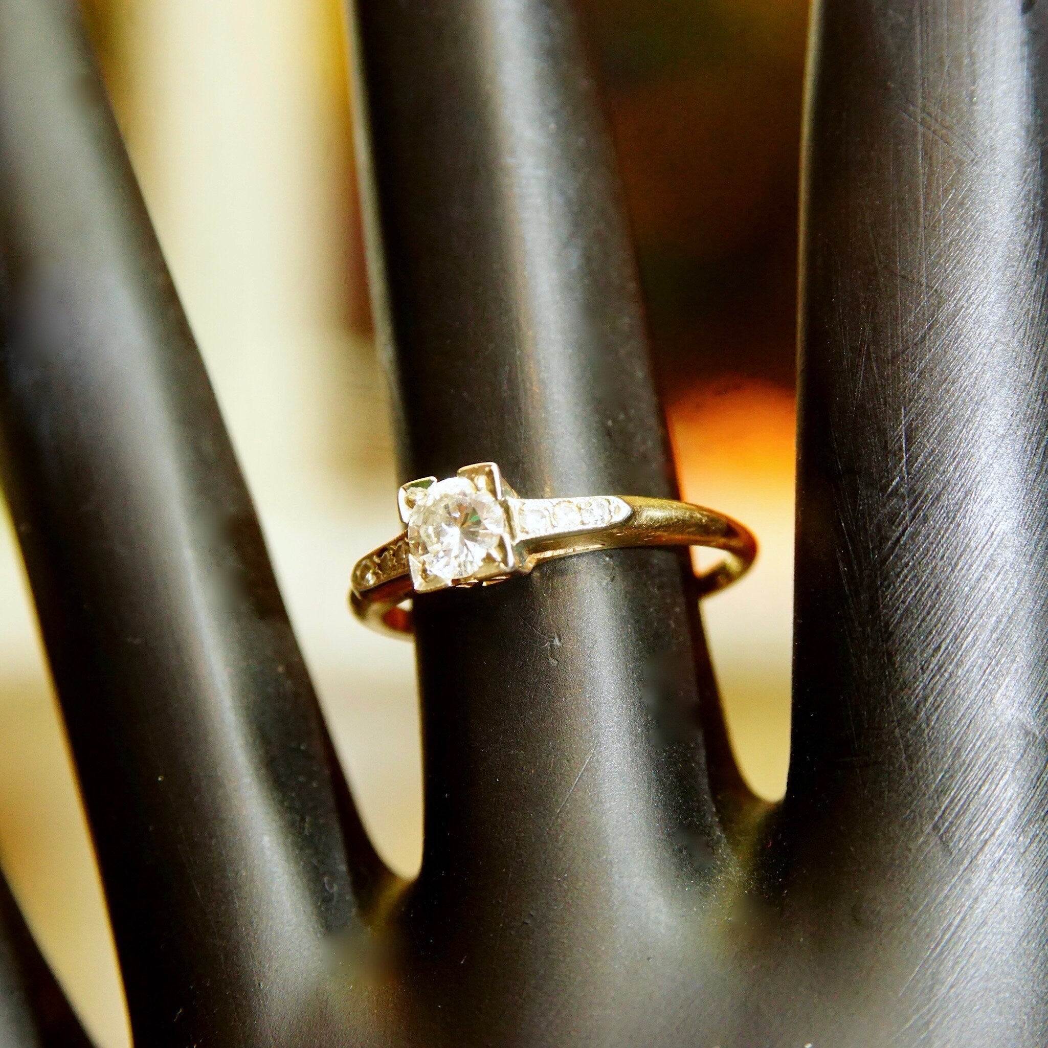 Vintage 1940's Art Deco 14K Brilliant Diamond Engagement Ring, .5 CT Center Stone, Diamond Accented Yellow Gold Band, 585, Size 7 US
