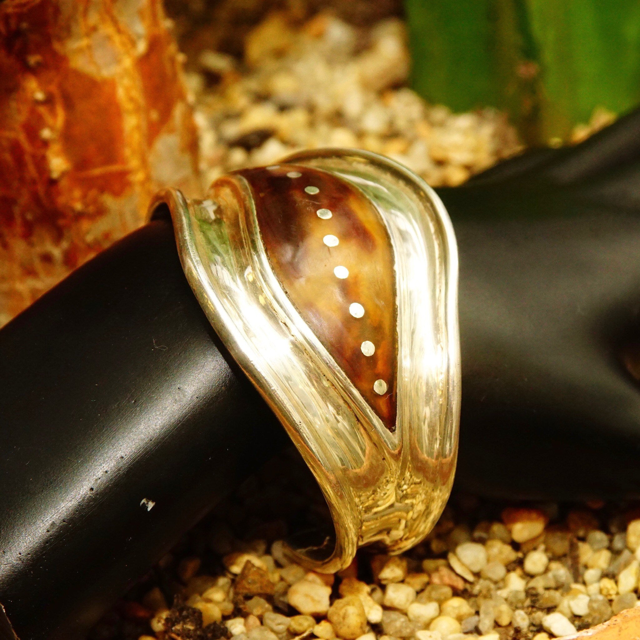 Vintage TAXCO Modernist Chunk Silver Inlay Cuff Bracelet, Amber Resin Inlay, Silver Dot Details, Wide Silver Cuff, Solid 925 Cuff, 5 1/4" L