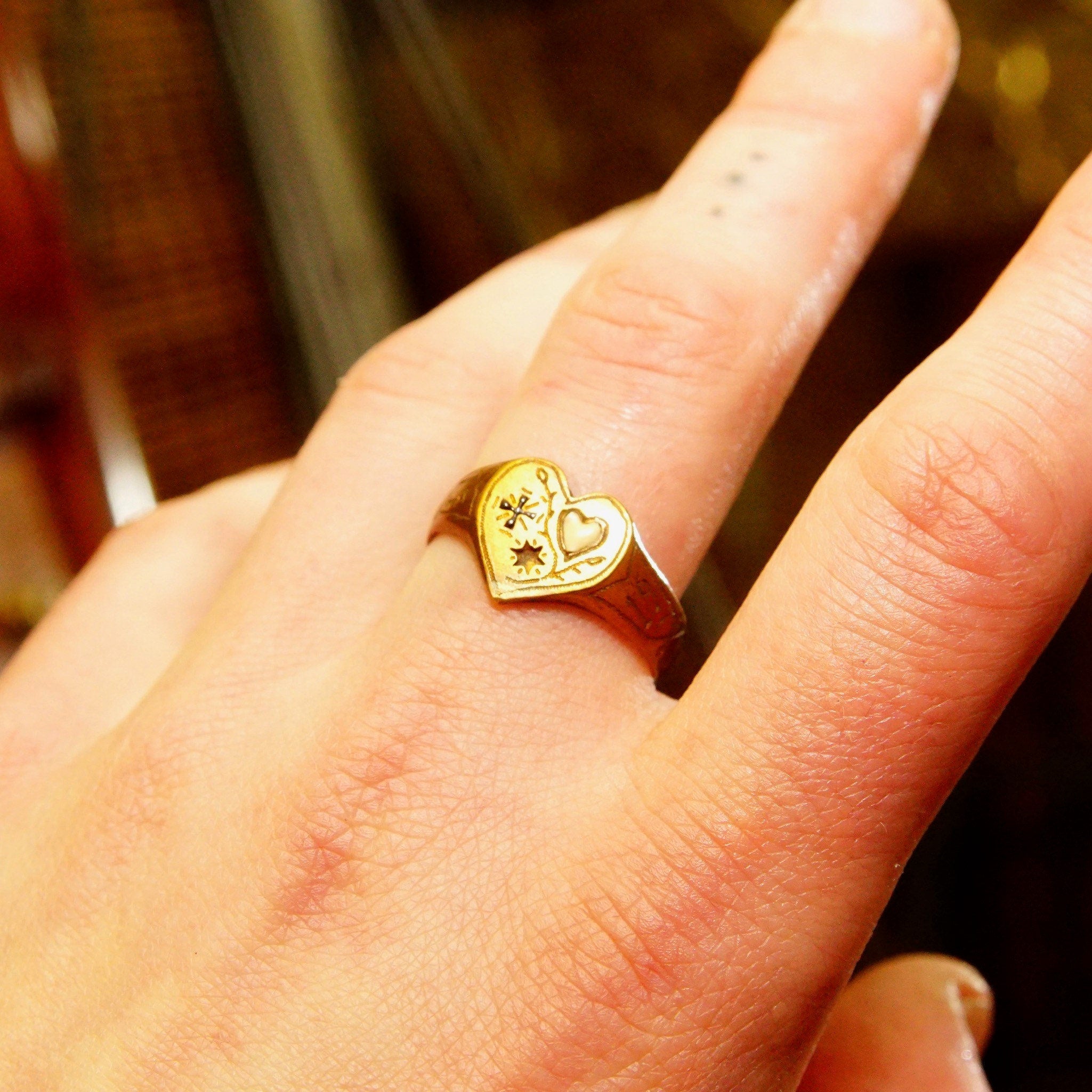 Antique 1914 Gold Plated Heart Signet Ring, Hand-Engraved Heart-Shaped Signet Ring, Star Cross Inlay, Mourning Jewelry Style, Size 9 1/2 US