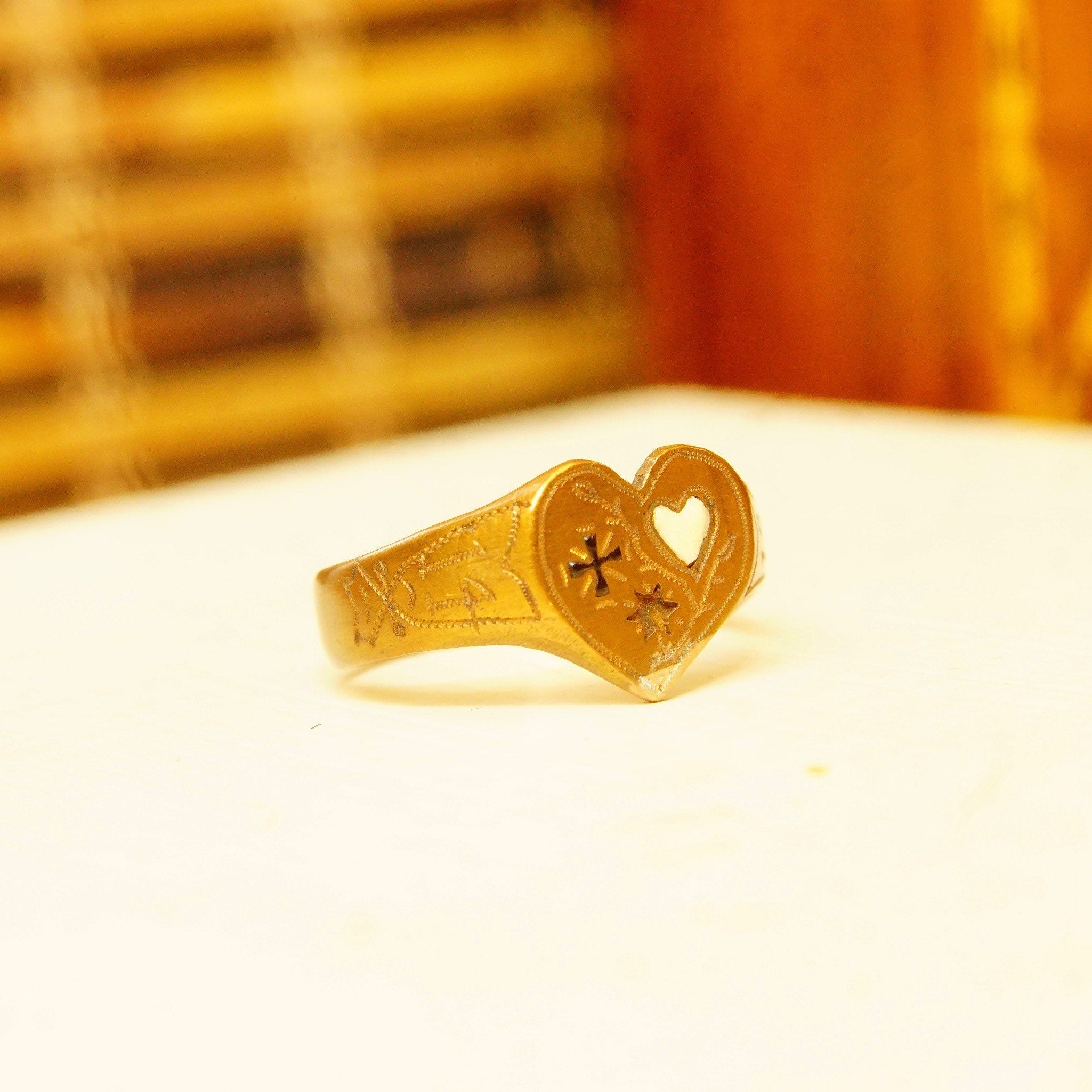 Antique 1914 Gold Plated Heart Signet Ring, Hand-Engraved Heart-Shaped Signet Ring, Star Cross Inlay, Mourning Jewelry Style, Size 9 1/2 US