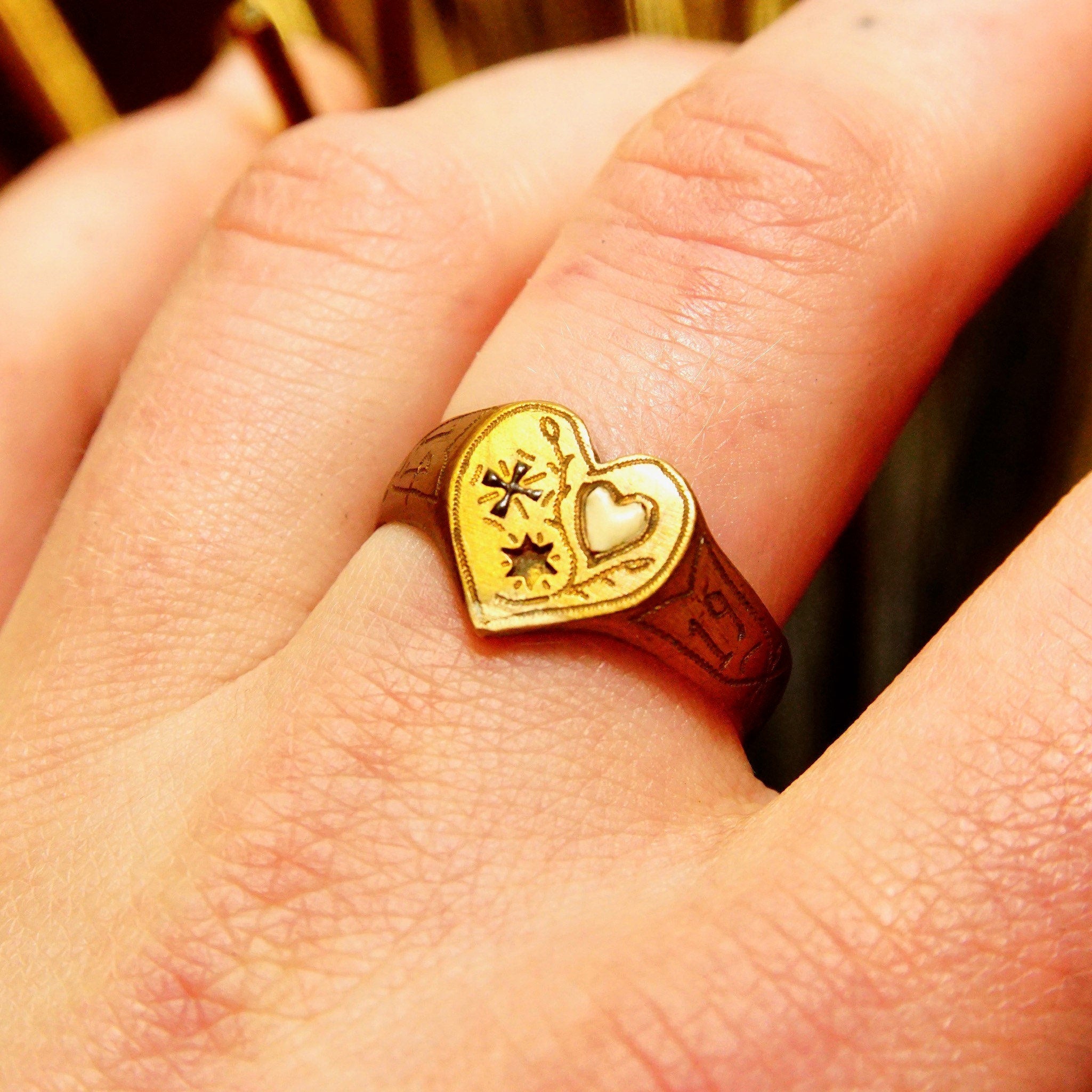 Antique 1914 Gold Plated Heart Signet Ring, Hand-Engraved Heart-Shaped Signet Ring, Star Cross Inlay, Mourning Jewelry Style, Size 9 1/2 US