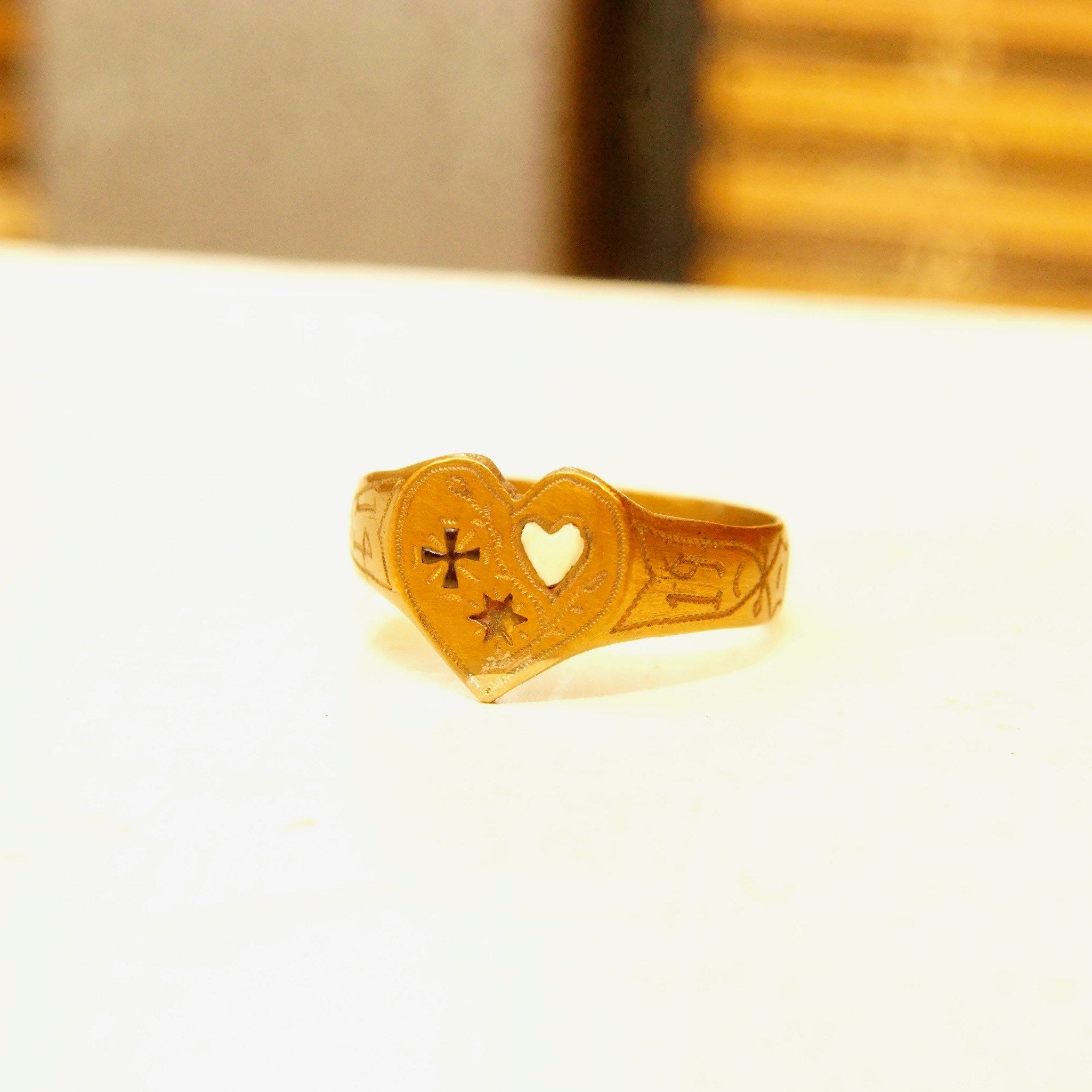 Antique 1914 Gold Plated Heart Signet Ring, Hand-Engraved Heart-Shaped Signet Ring, Star Cross Inlay, Mourning Jewelry Style, Size 9 1/2 US