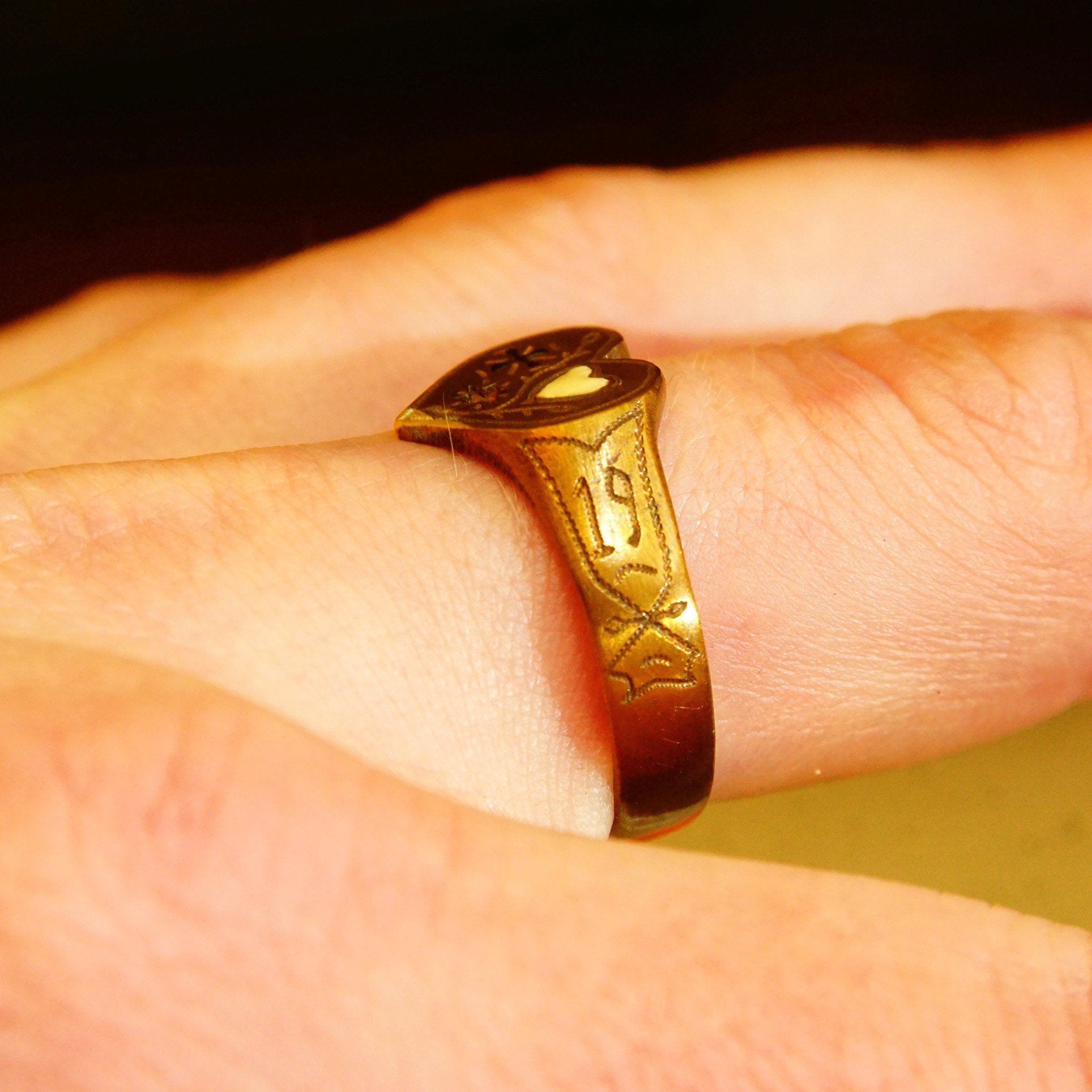 Antique 1914 Gold Plated Heart Signet Ring, Hand-Engraved Heart-Shaped Signet Ring, Star Cross Inlay, Mourning Jewelry Style, Size 9 1/2 US