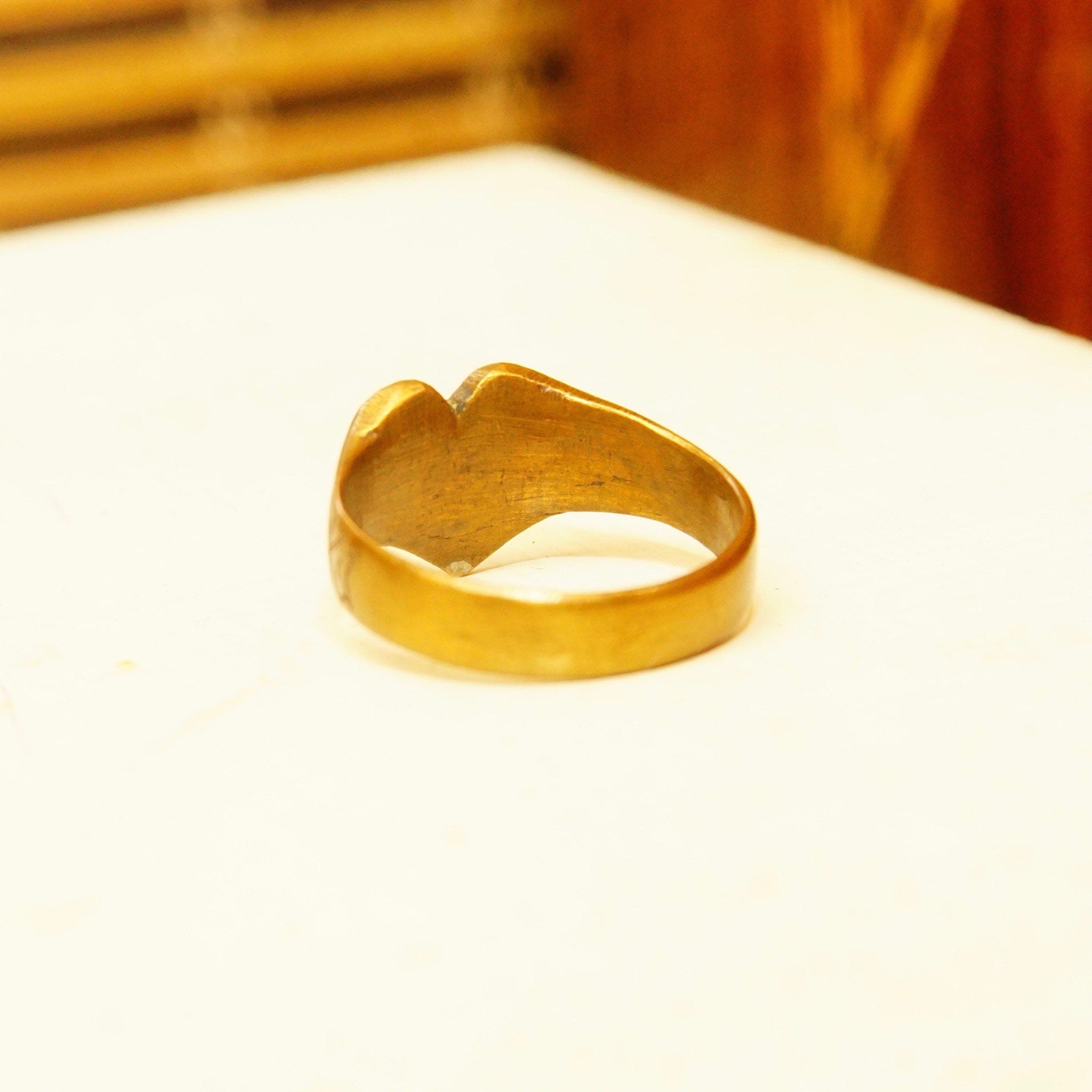 Antique 1914 Gold Plated Heart Signet Ring, Hand-Engraved Heart-Shaped Signet Ring, Star Cross Inlay, Mourning Jewelry Style, Size 9 1/2 US