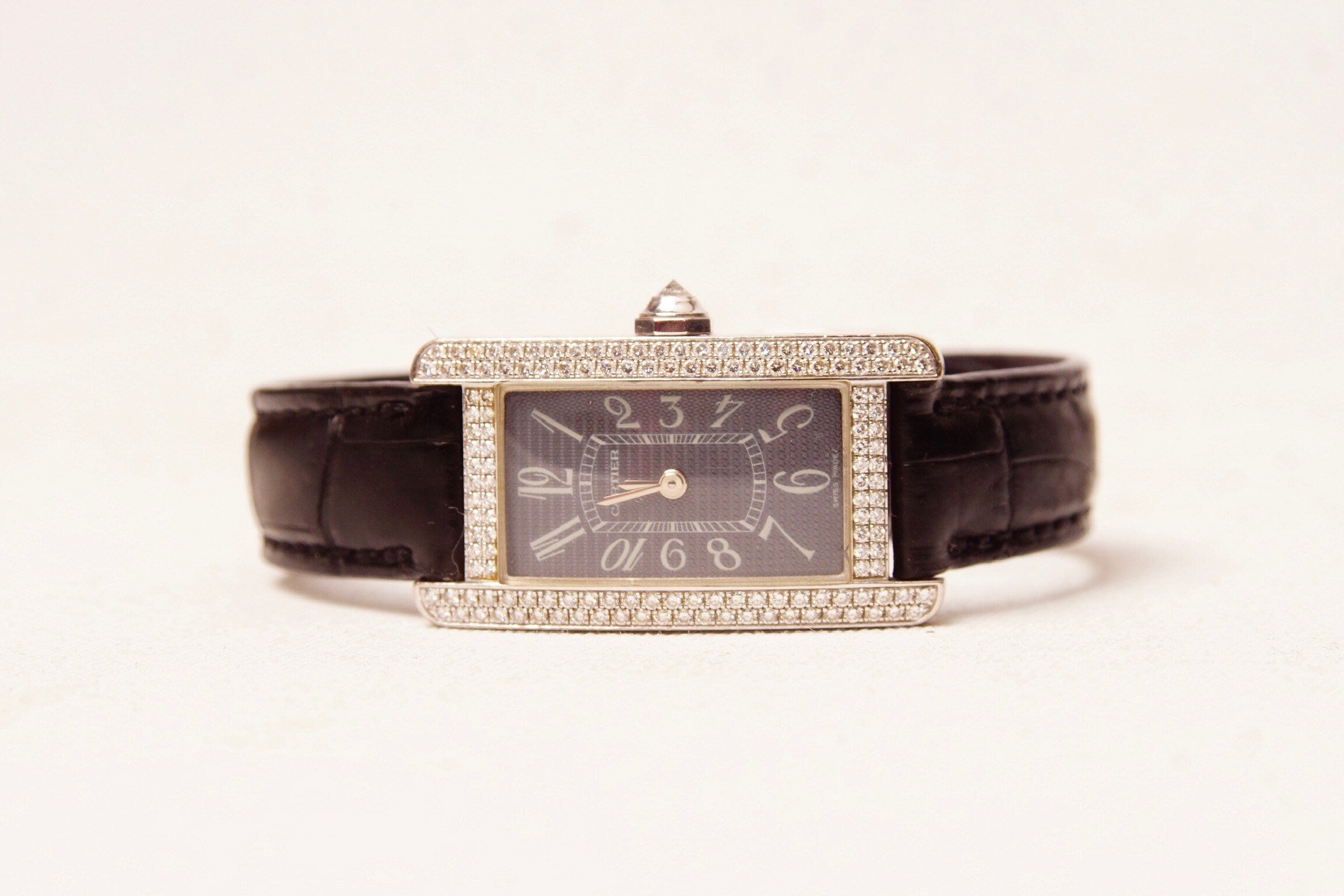 Cartier 18K White Gold Diamond Ladies Wrist Watch, Quartz Tank Americaine 2489, Leather Bands, 4-Jewel Movement, Original Box & Paperwork
